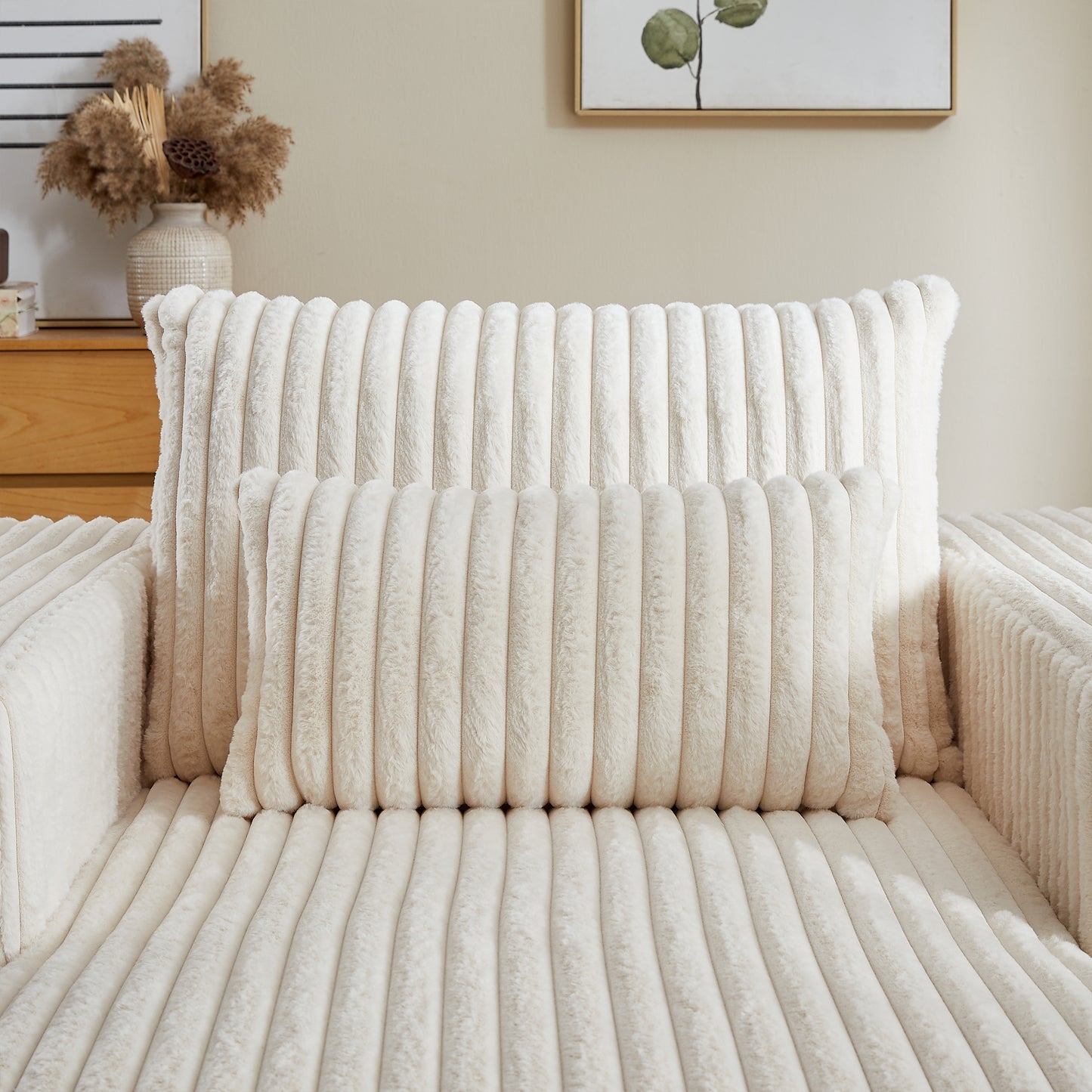 Plush cream corduroy pillow with channel tufting for modern decor