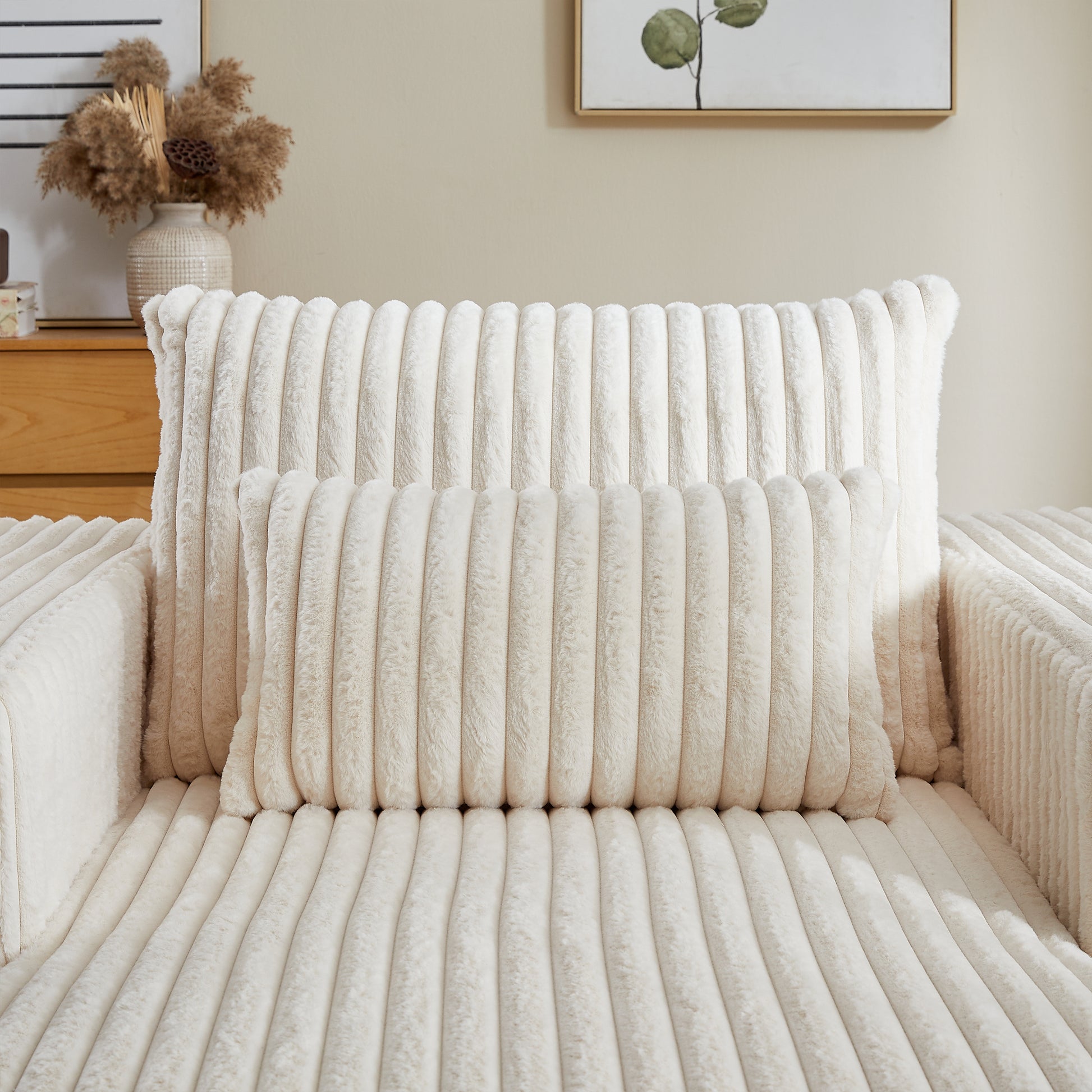 Plush cream corduroy pillow with channel tufting for modern decor