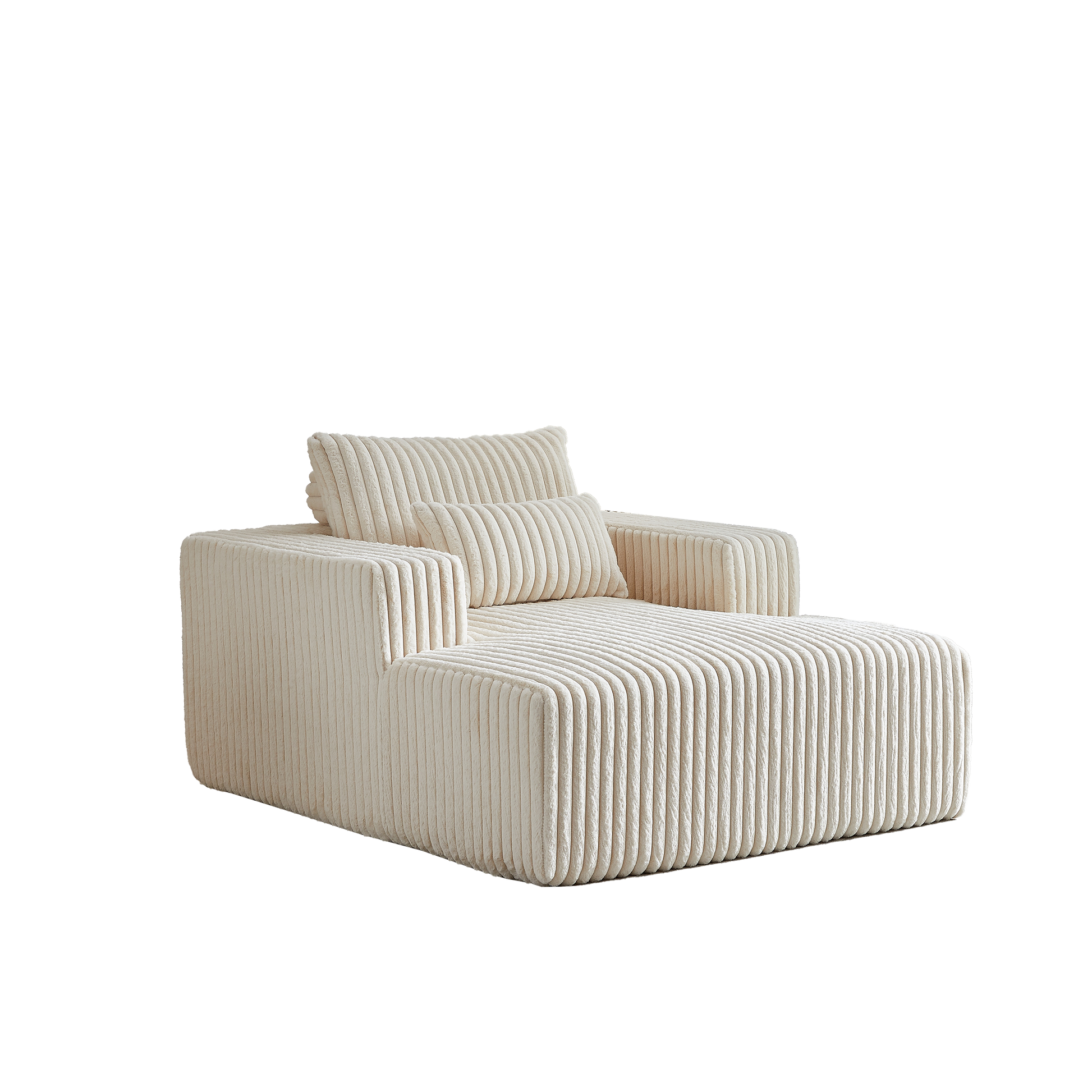Plush cream corduroy chaise lounge with contemporary design and matching throw pillow