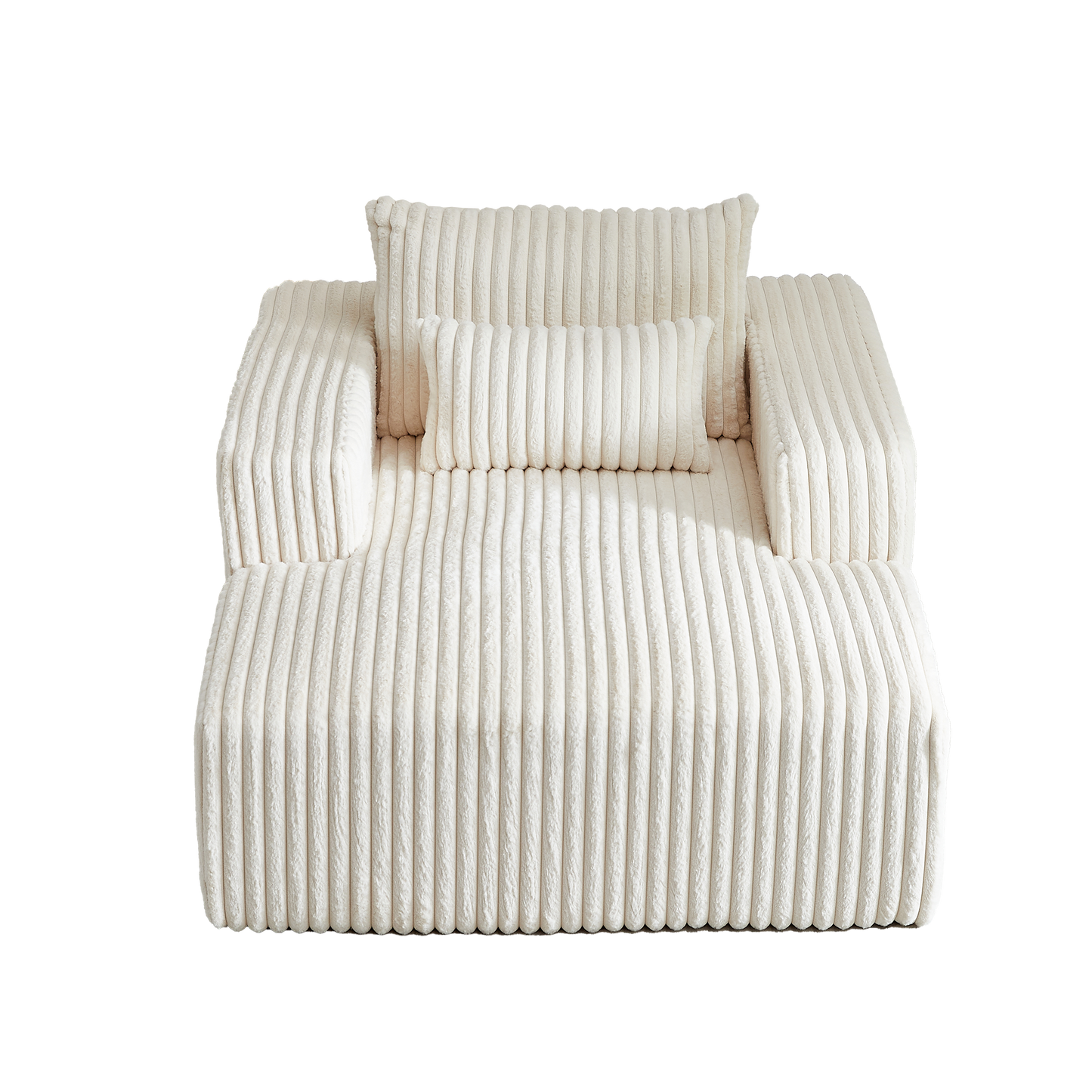 Plush cream corduroy sofa with matching lumbar and bolster pillows perfect for modern living rooms