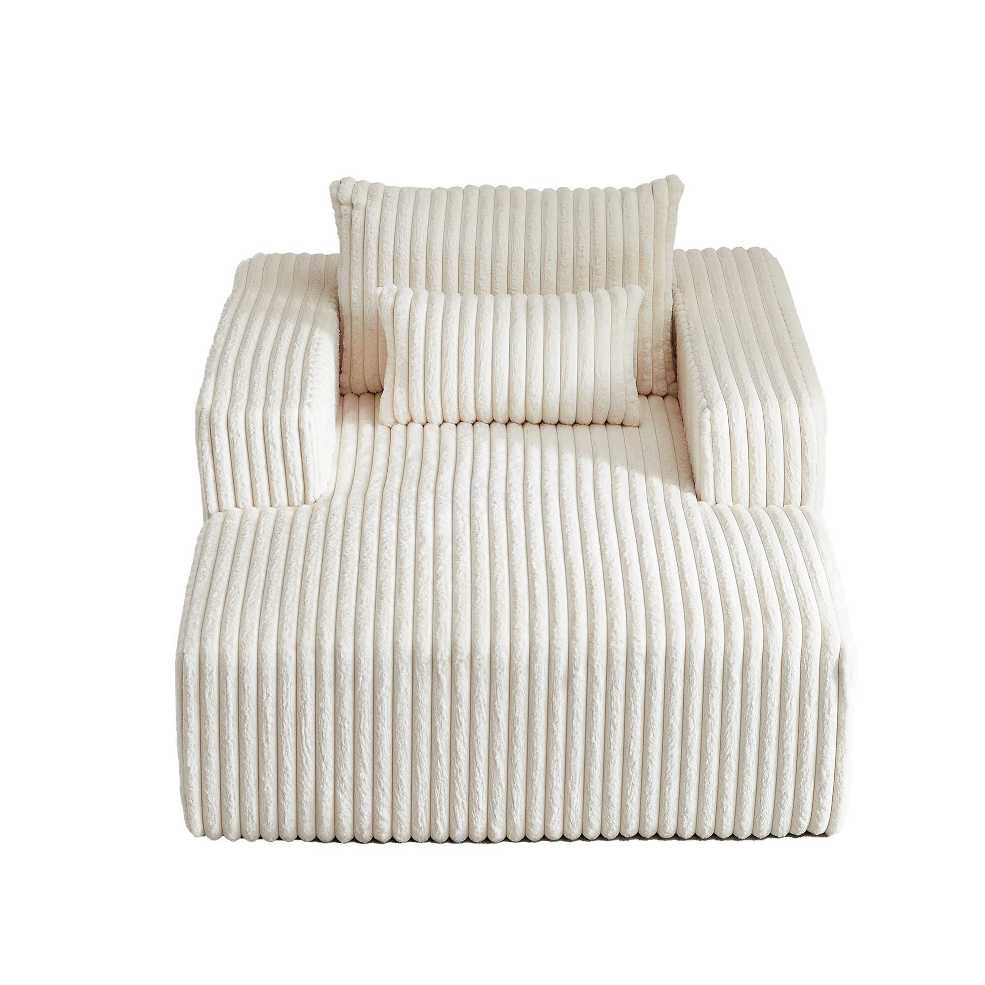 Plush cream corduroy sofa with matching lumbar and bolster pillows perfect for modern living rooms