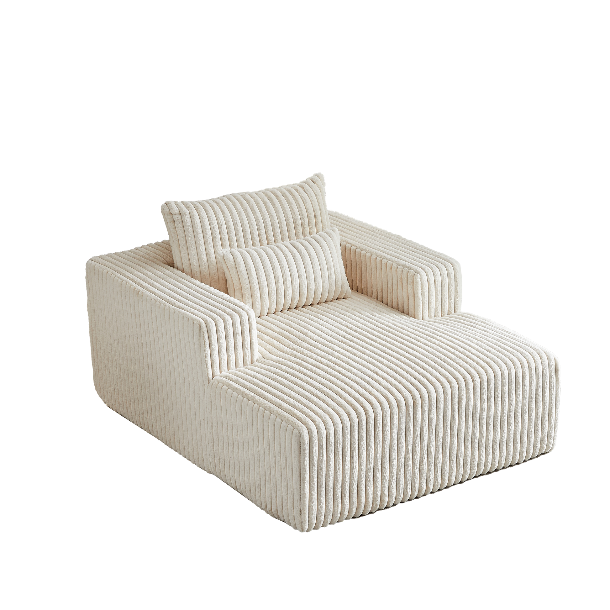 Plush cream corduroy chaise lounge with integrated armrest and lumbar pillow