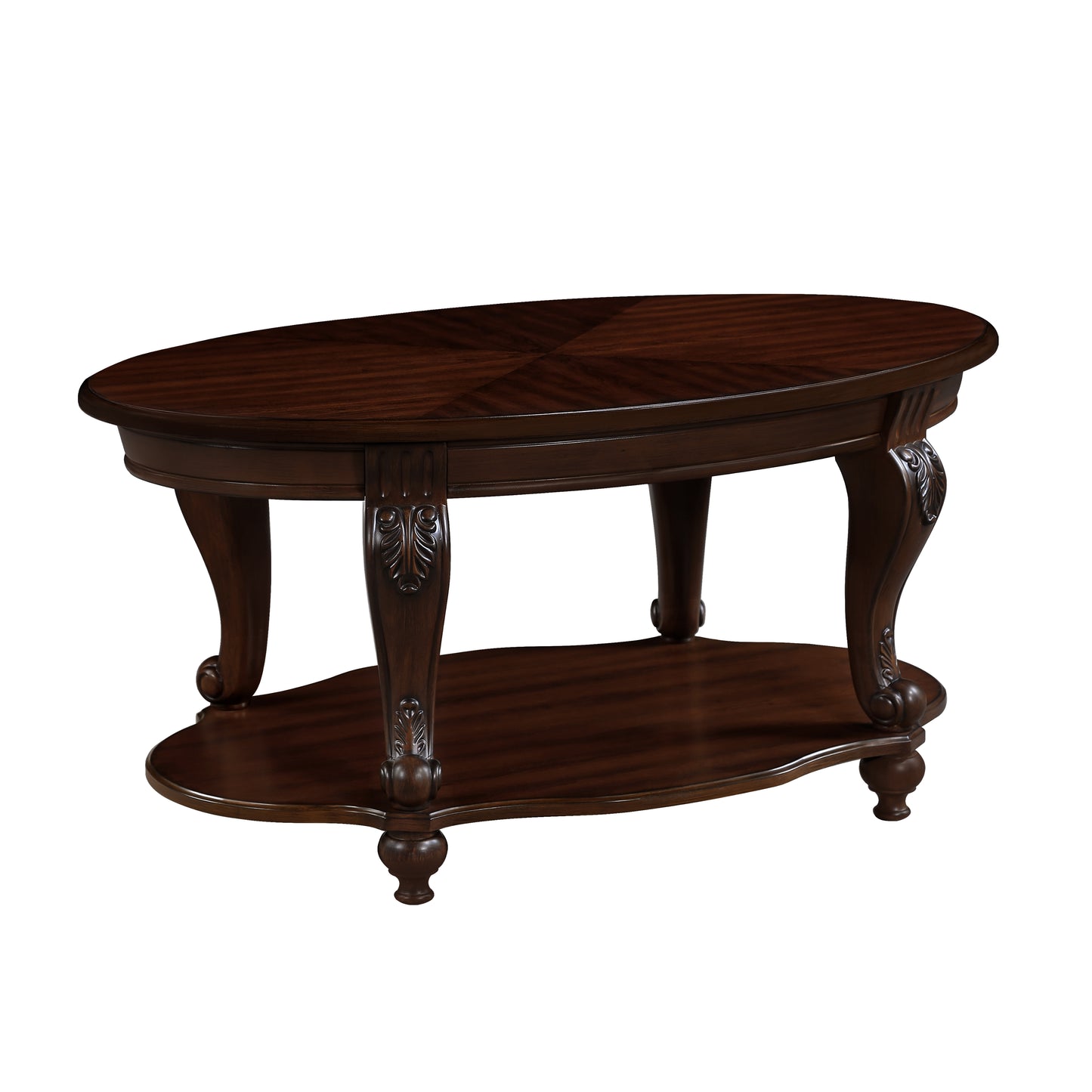 Ornate dark wood oval coffee table with intricate carved legs and lower shelf