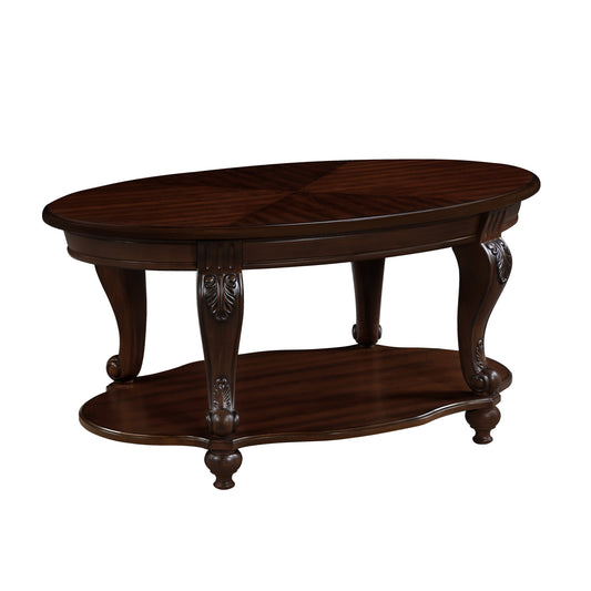 Ornate dark wood oval coffee table with intricate carved legs and lower shelf