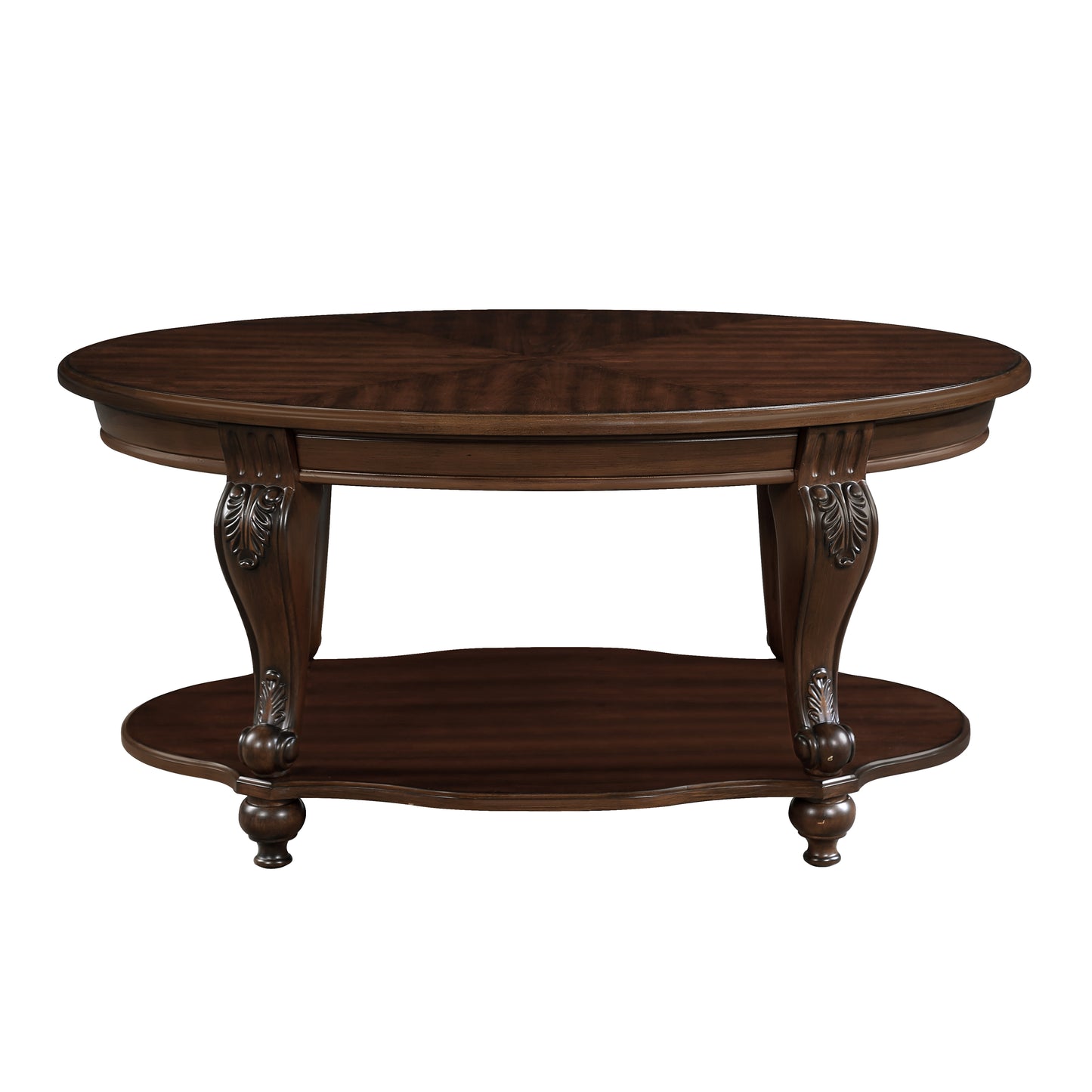 Dark cherry oval coffee table with carved legs and dual shelves