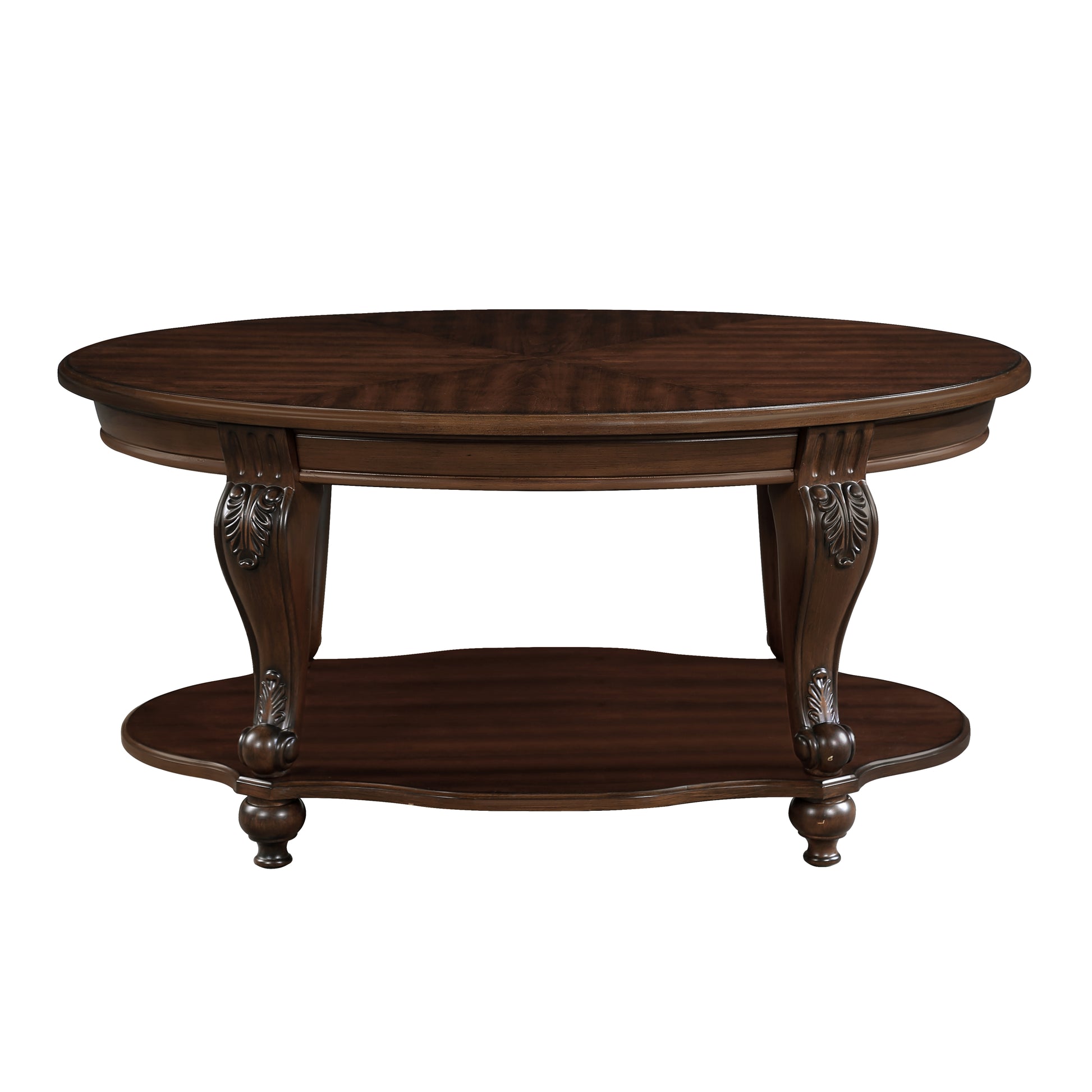 Dark cherry oval coffee table with carved legs and dual shelves