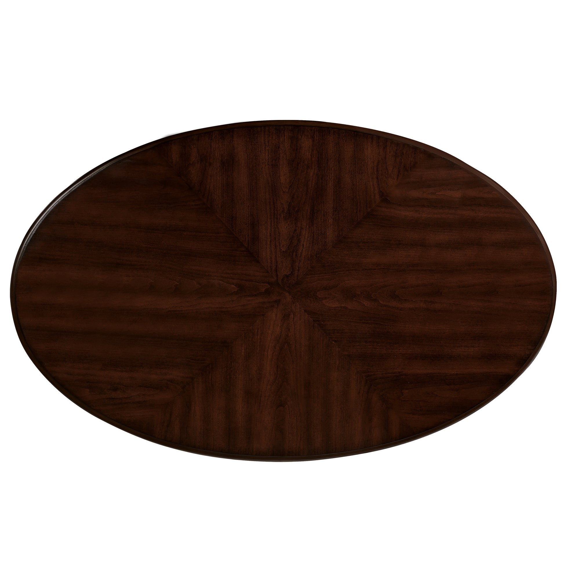 Dark wood oval dining table with geometric veneer pattern