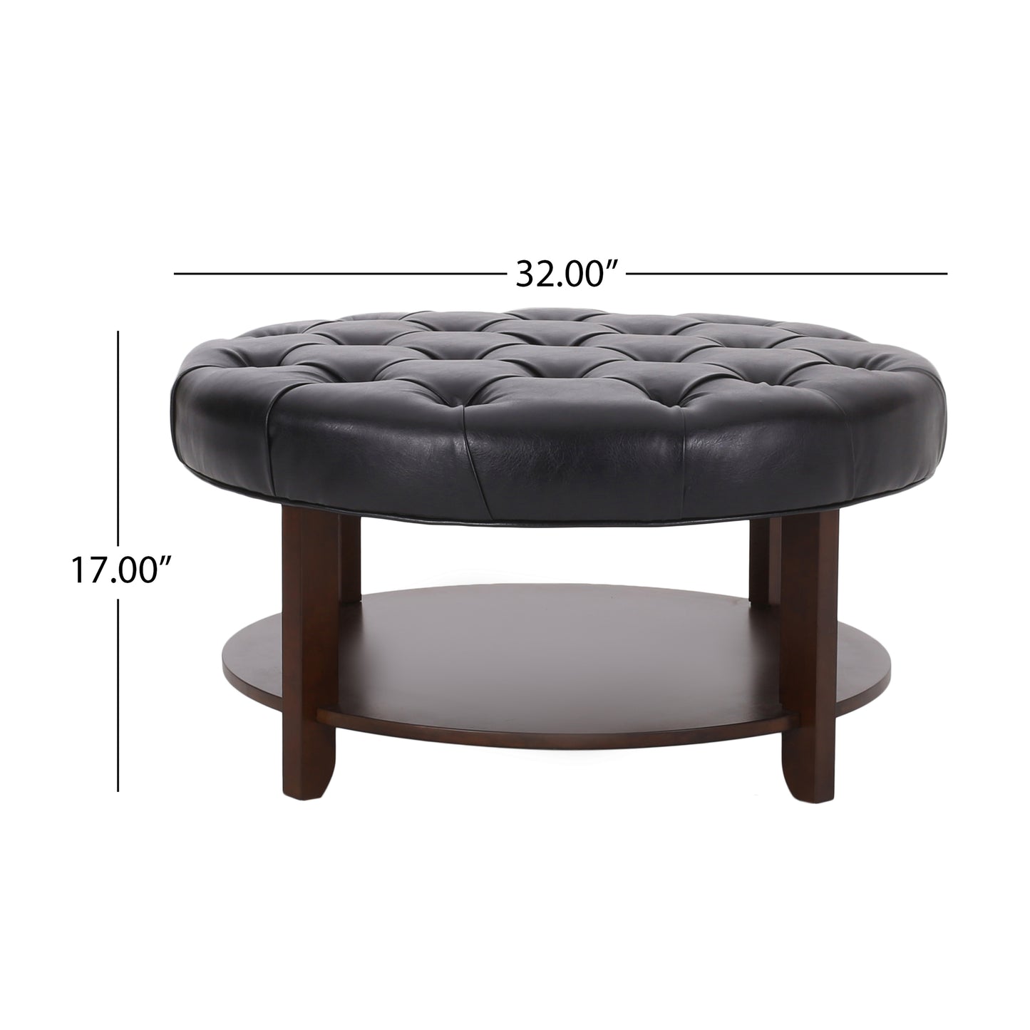 Black leather tufted round ottoman with espresso wood legs and shelf