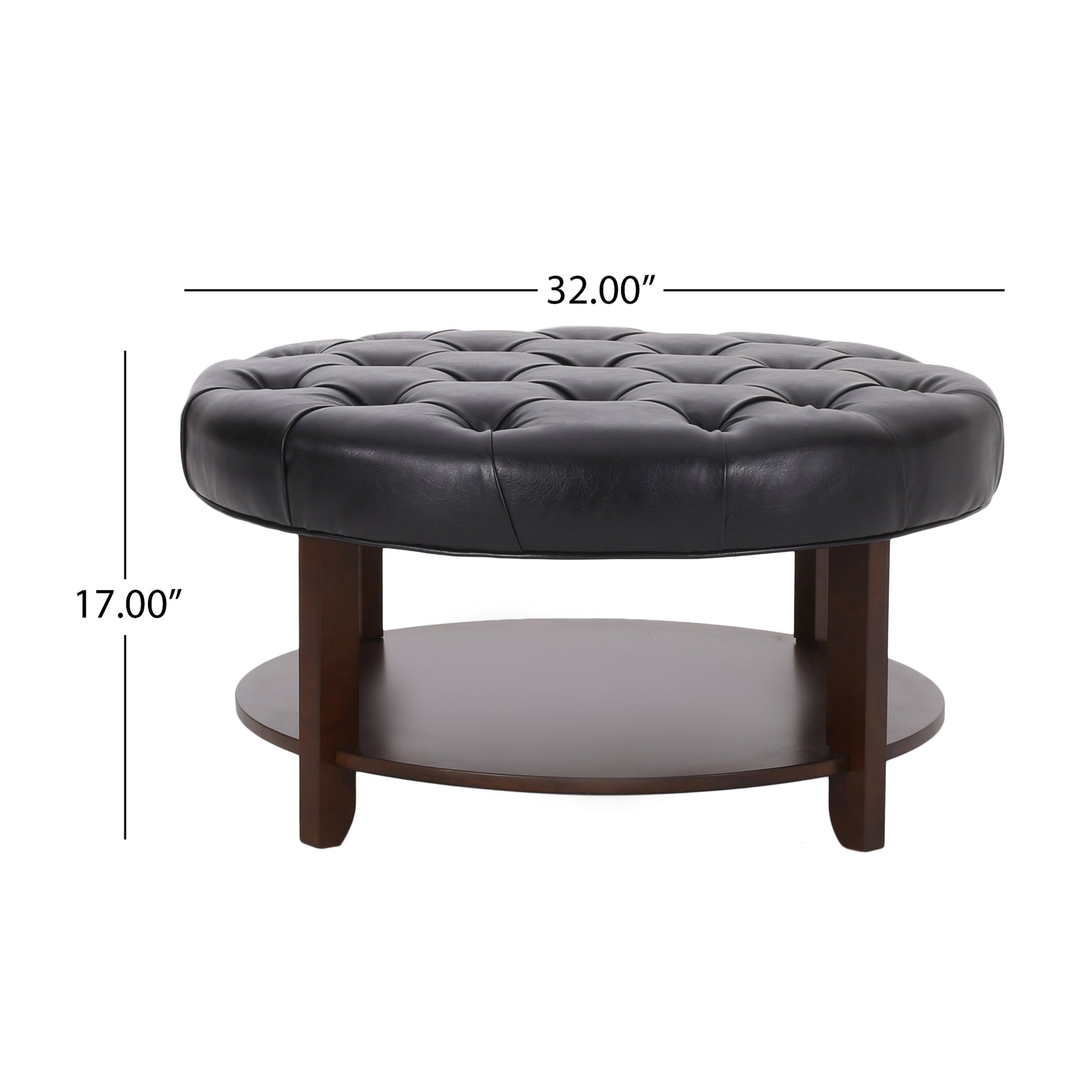 Black leather tufted round ottoman with espresso wood legs and shelf