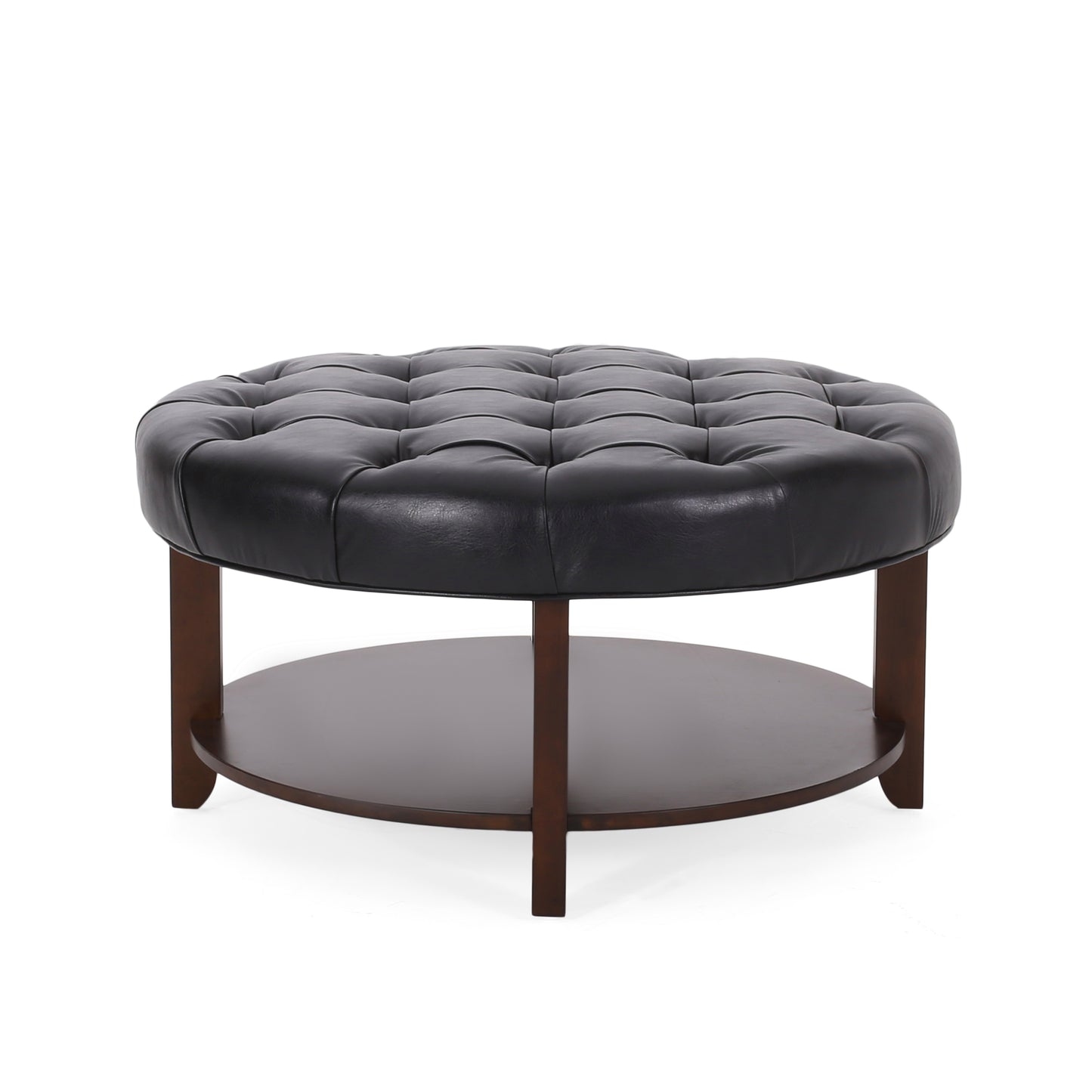 Round tufted black faux leather ottoman with wooden base