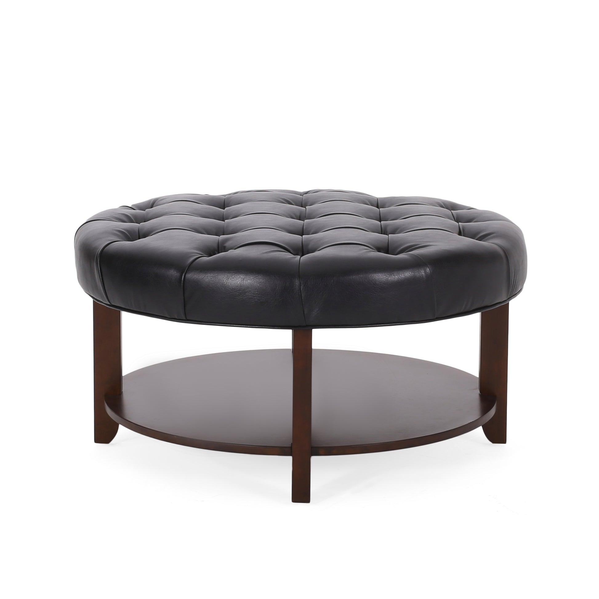 Round tufted black faux leather ottoman with wooden base