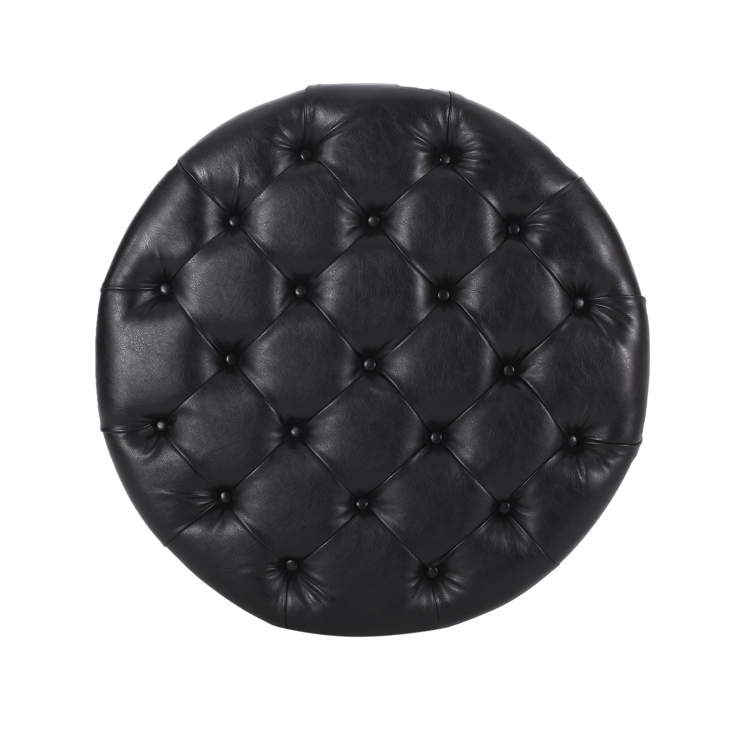 Black leather tufted round ottoman with diamond stitching