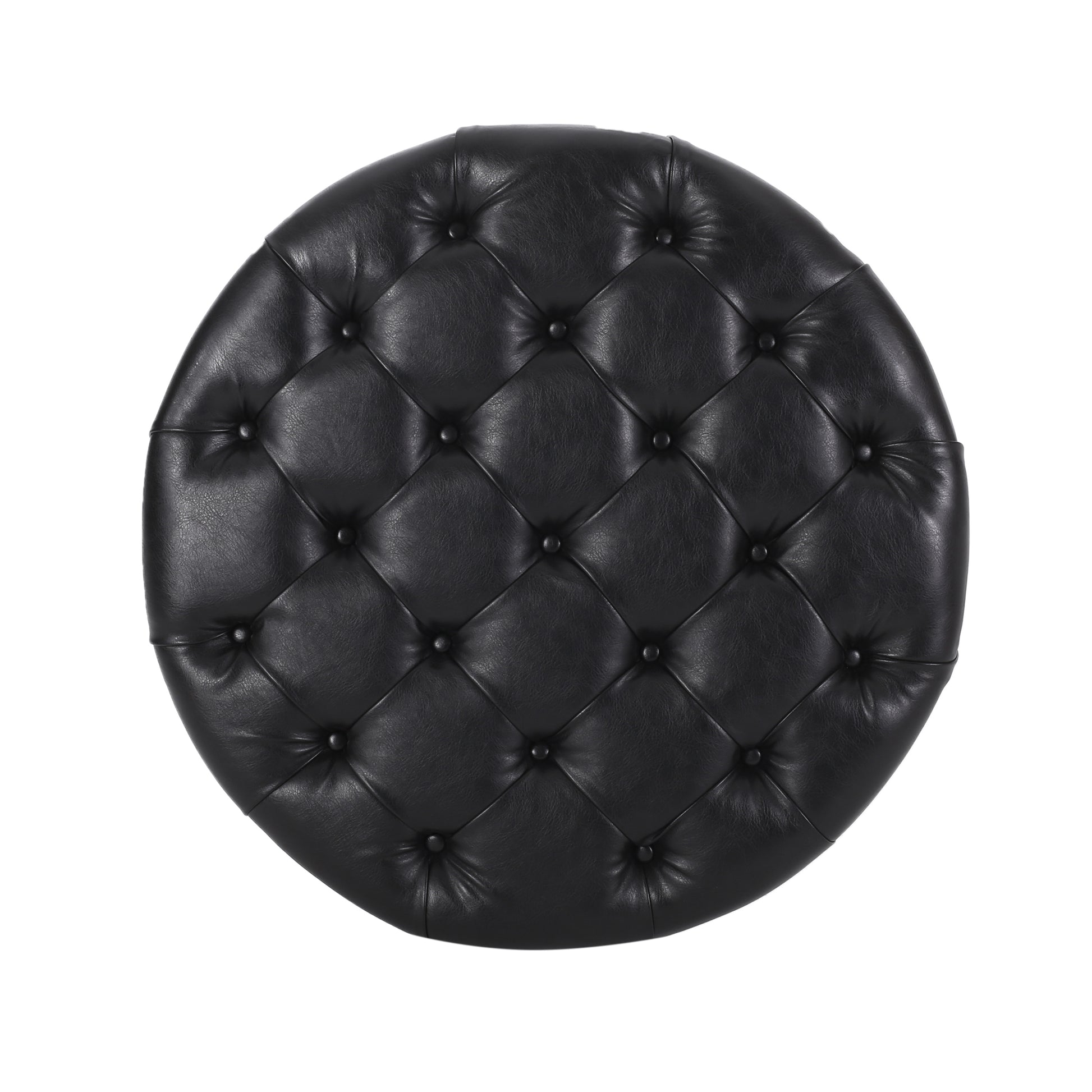 Black leather tufted round ottoman with diamond stitching