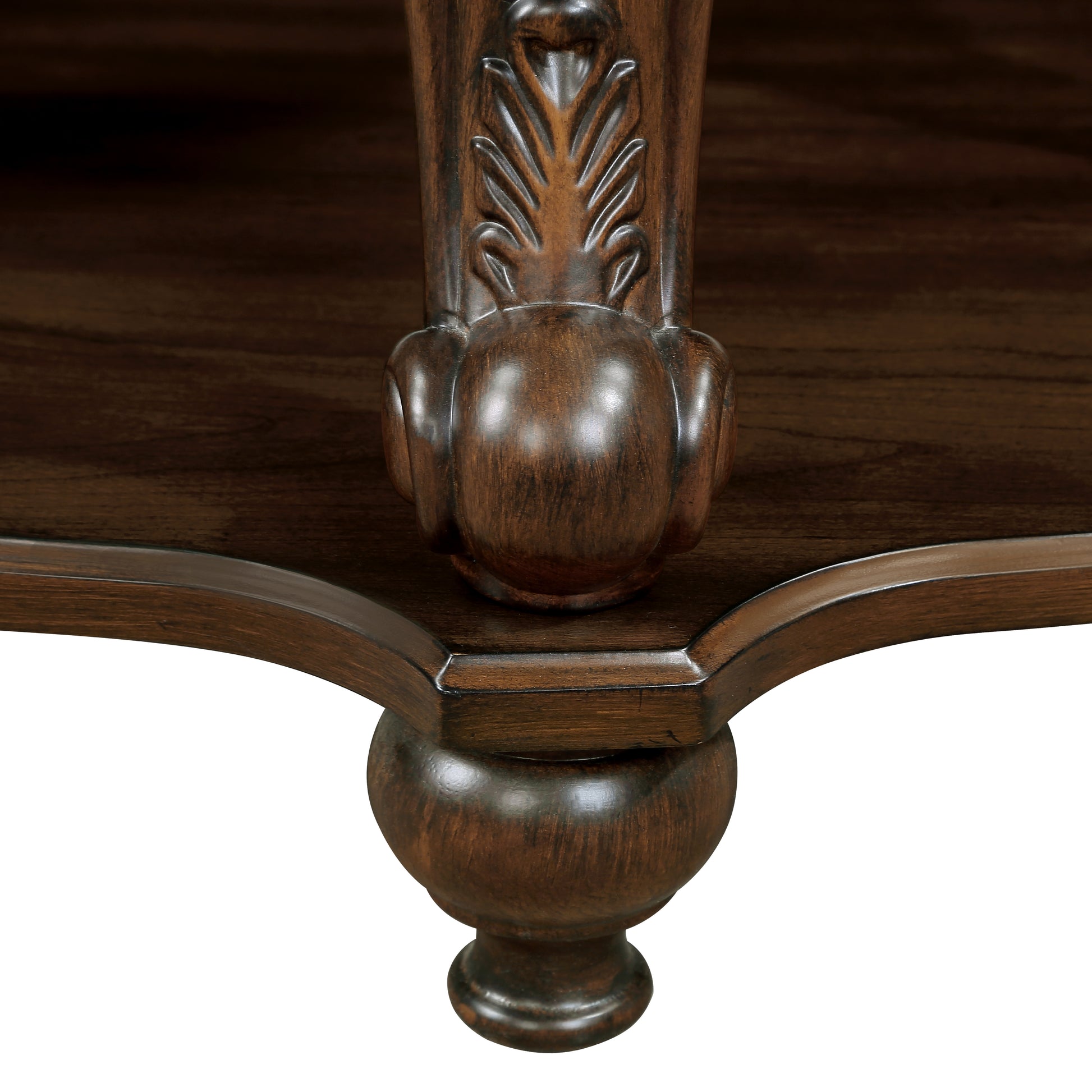 Dark mahogany wood carved furniture leg with acanthus leaf detail