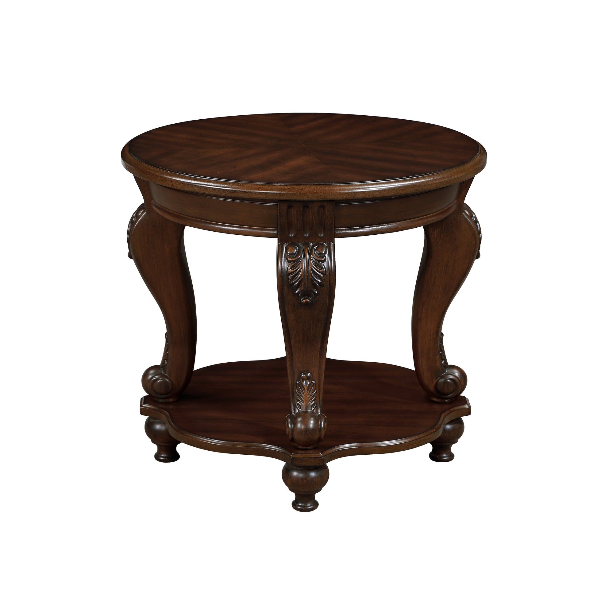 Ornate dark wood round end table with carved legs and lower shelf