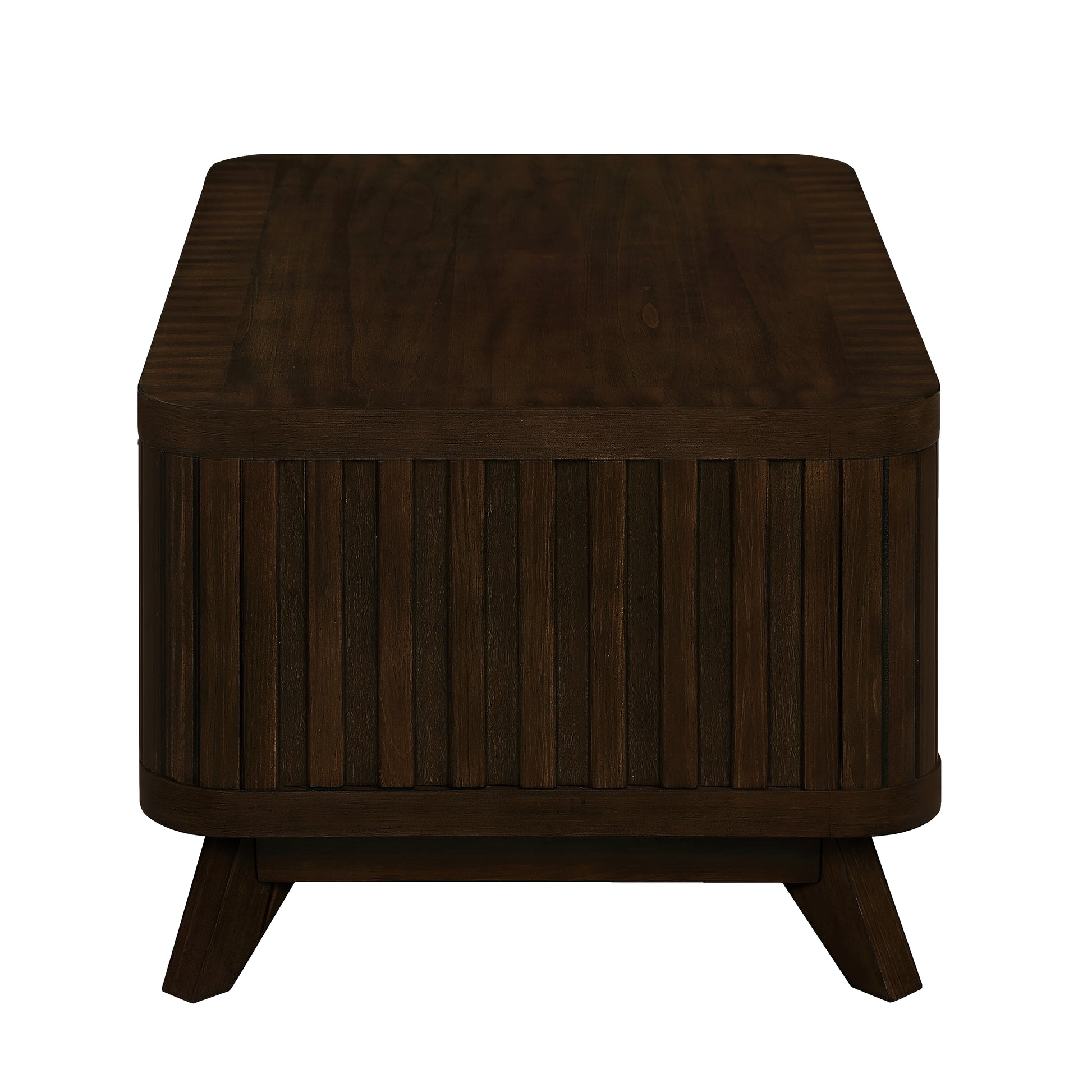 Dark wood coffee table with ribbed front and angled legs
