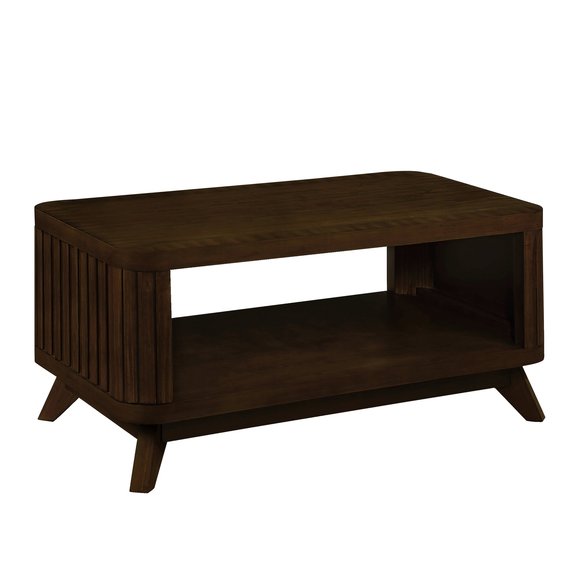 Dark wood coffee table with fluted sides and a lower shelf for storage midcentury modern style