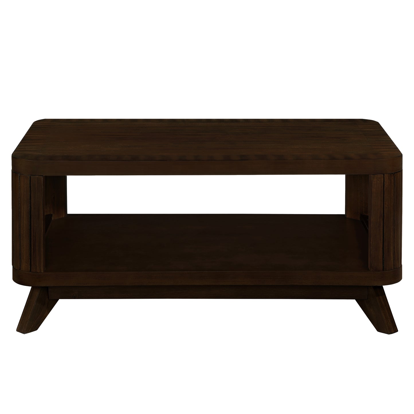 Dark wood coffee table with a lower shelf and slatted sides midcentury modern style
