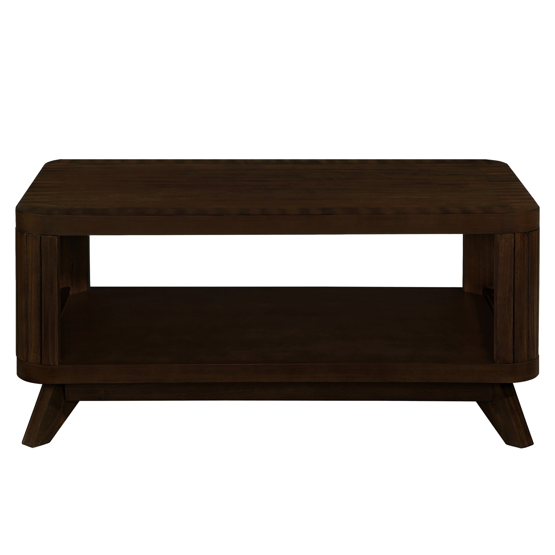 Dark wood coffee table with a lower shelf and slatted sides midcentury modern style