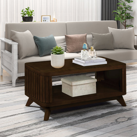 Dark brown wooden coffee table with fluted detail and open shelf