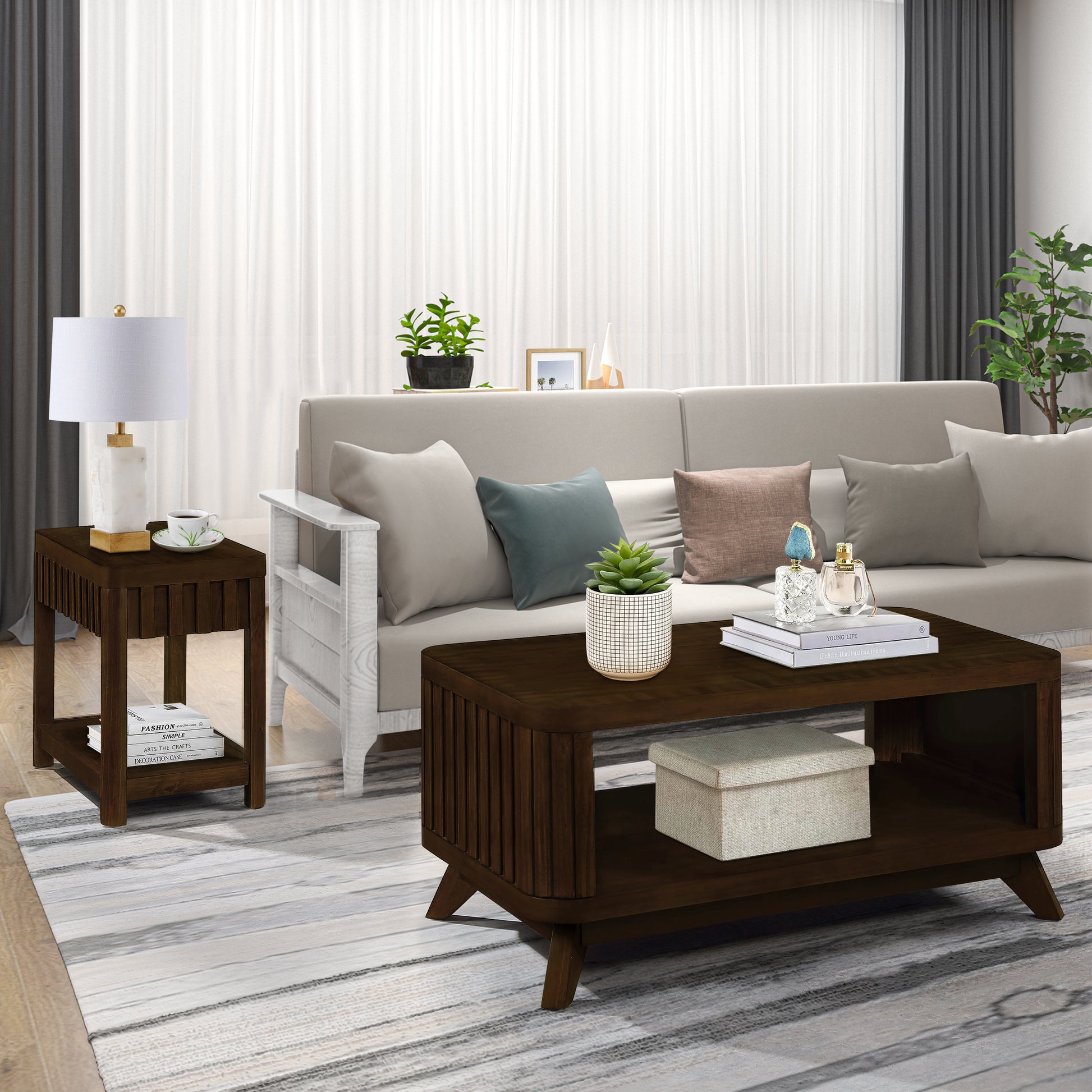 Dark wood slatted coffee table with storage shelf and decorative items