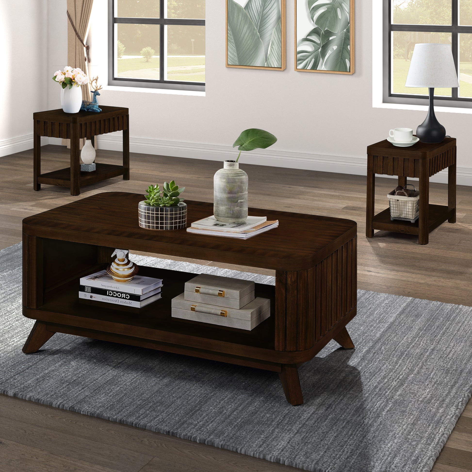 Dark walnut midcentury modern coffee table with slatted sides and open shelf