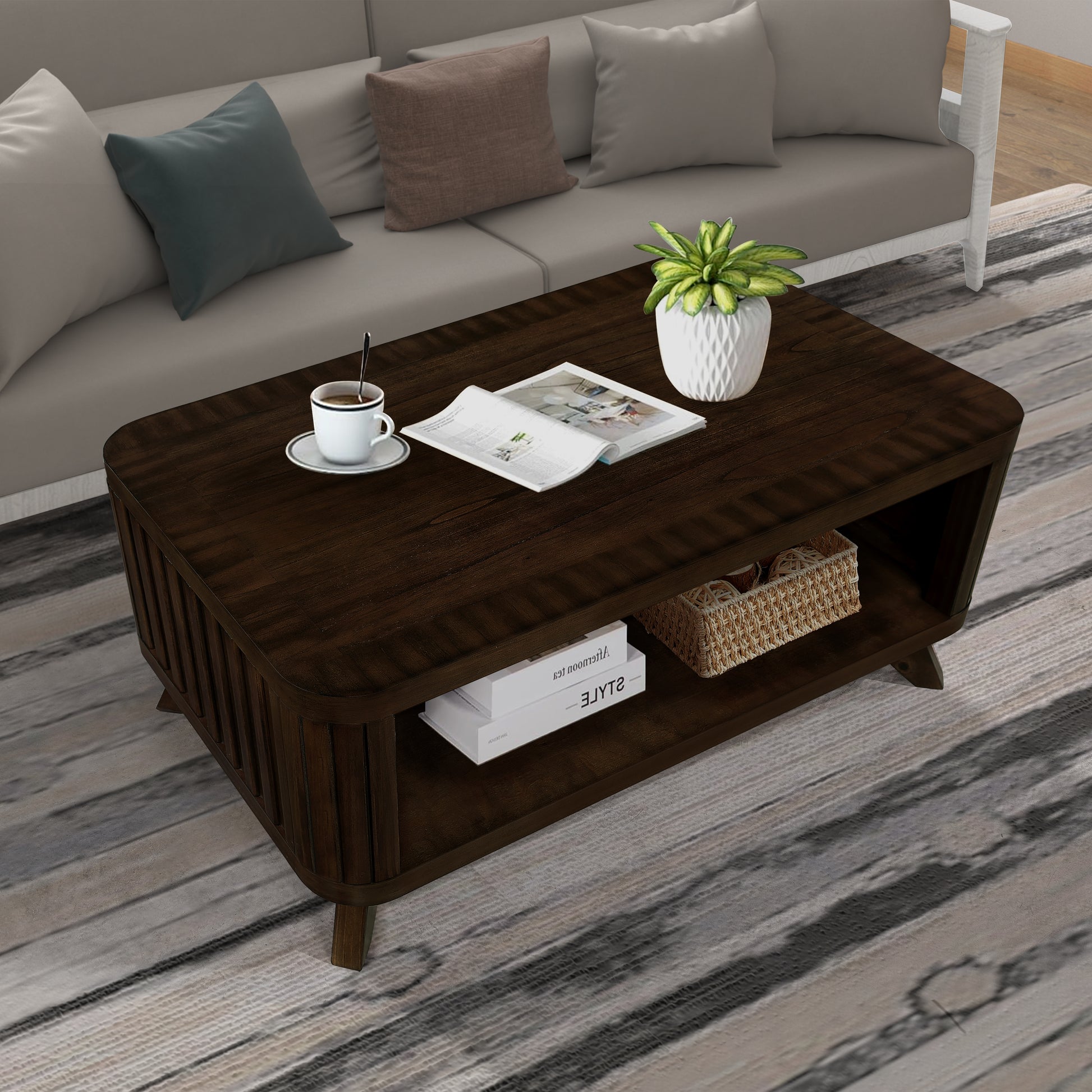 Dark wood modern coffee table with slatted sides perfect for living room