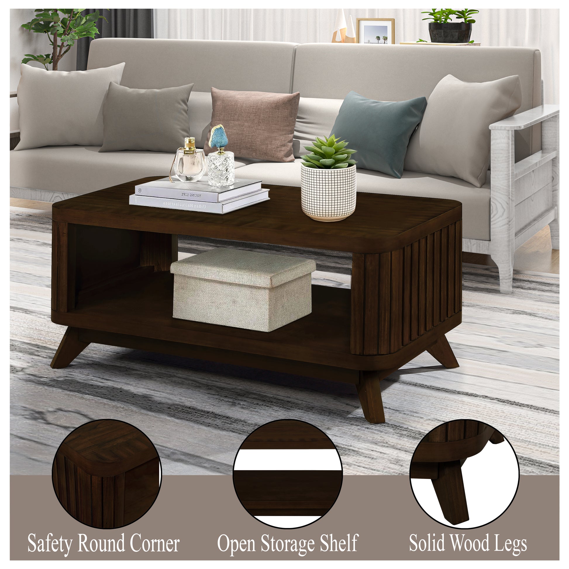 Dark brown wooden coffee table with fluted sides and open shelf
