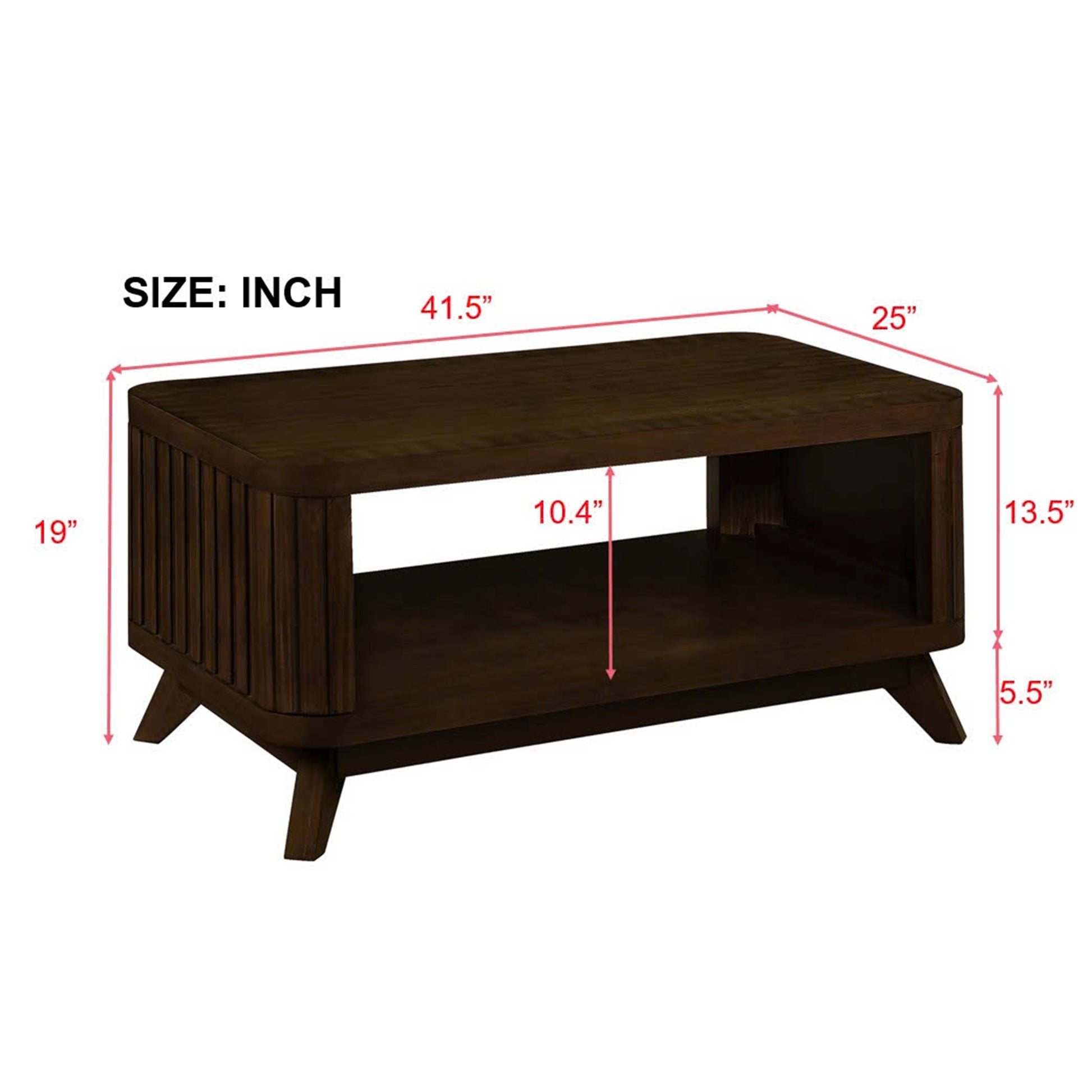 Dark brown wood coffee table with slatted sides and open shelf midcentury modern style