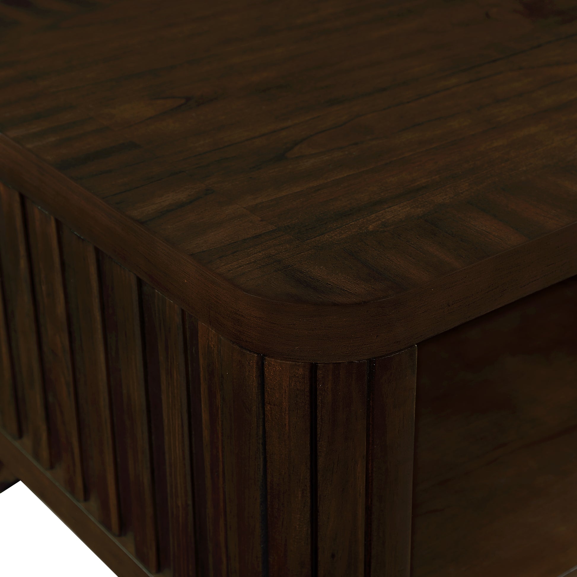 Dark brown wood side table with ribbed detailing and a parquet top