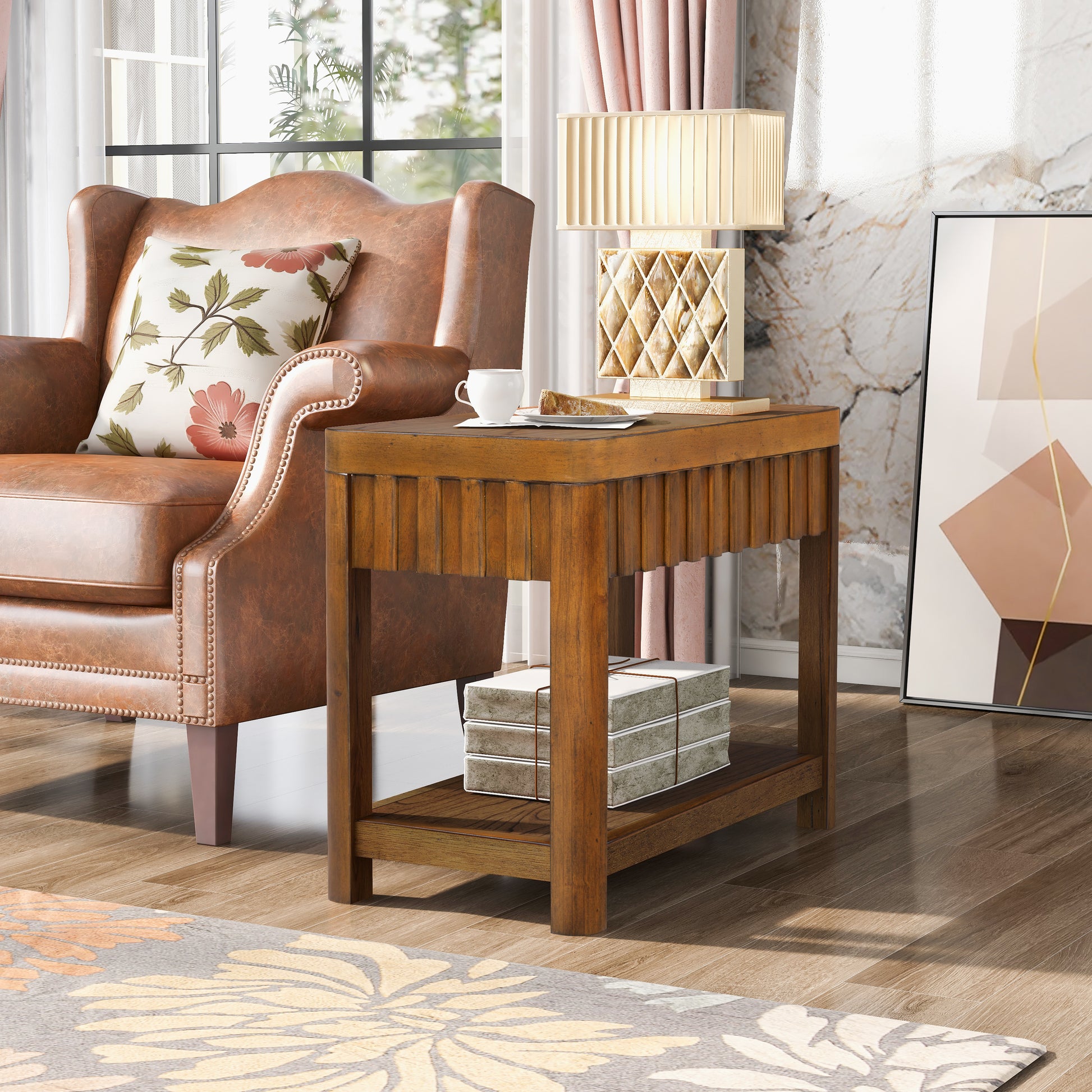 Rustic wooden end table with fluted detail and lower shelf perfect for living rooms