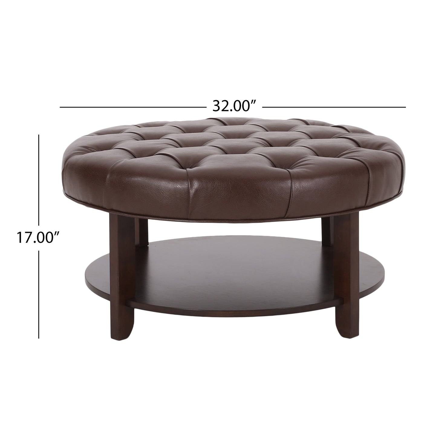 Tufted dark brown faux leather round ottoman with lower shelf
