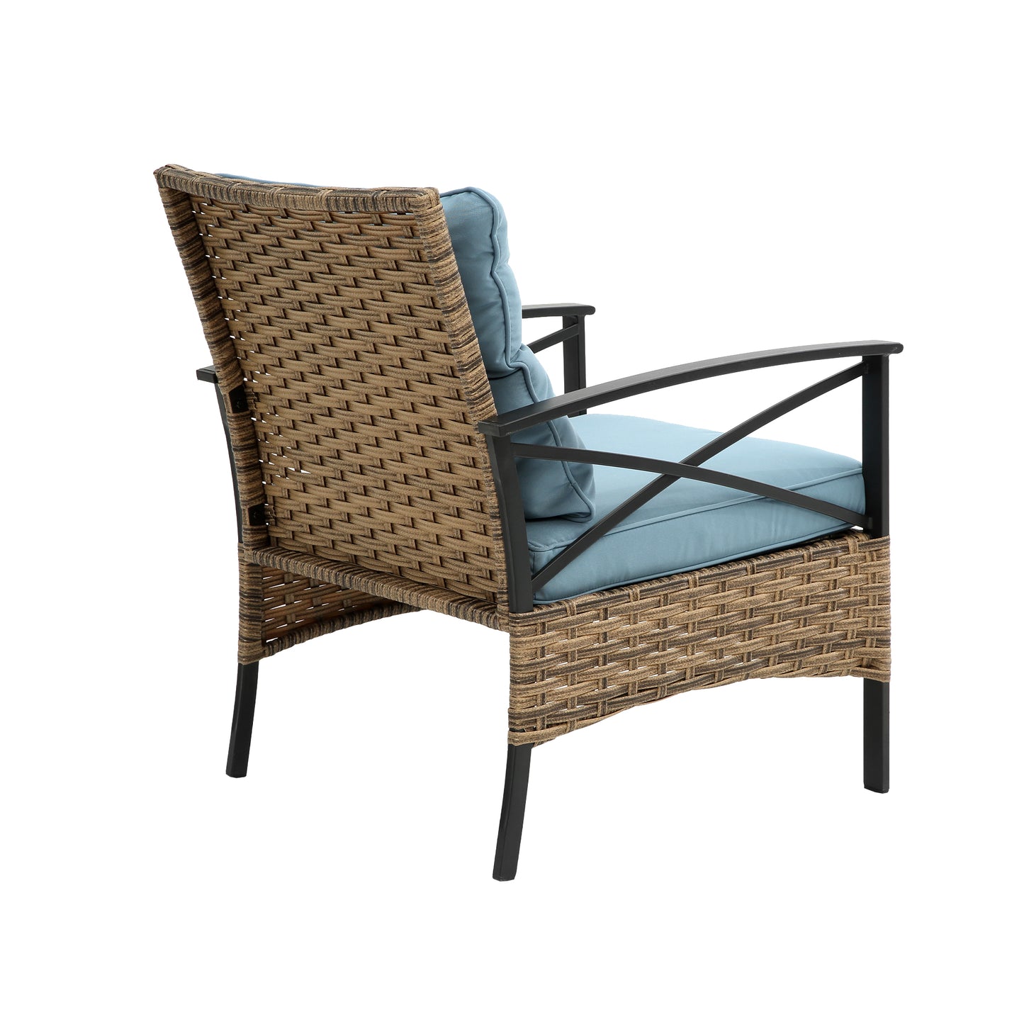 Brown wicker patio chair with light blue cushions and black metal frame