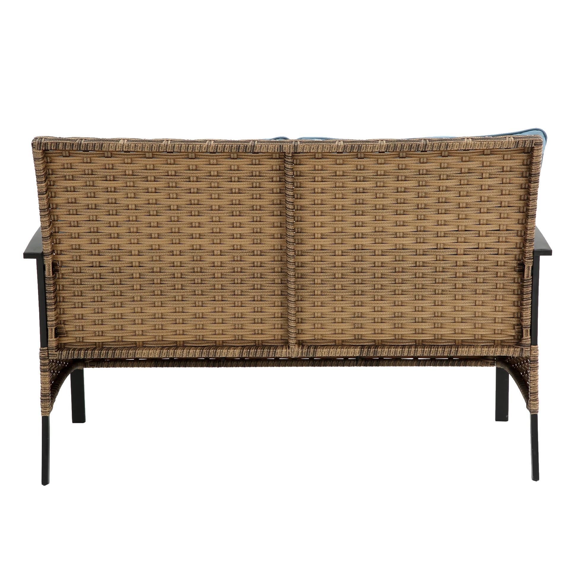 Back view of a brown rattan loveseat with black metal legs and blue cushions