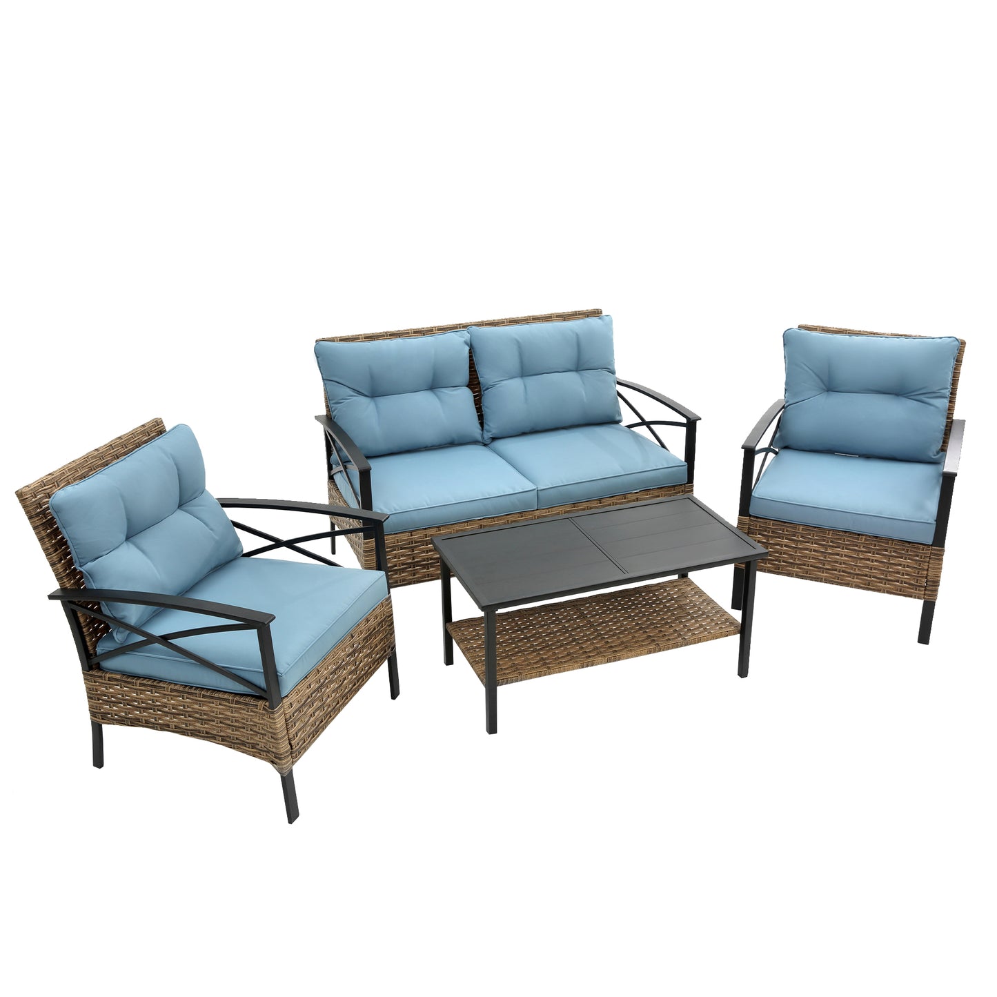 Wicker patio set with sky blue cushions and black metal frame includes love seat two chairs and coffee table