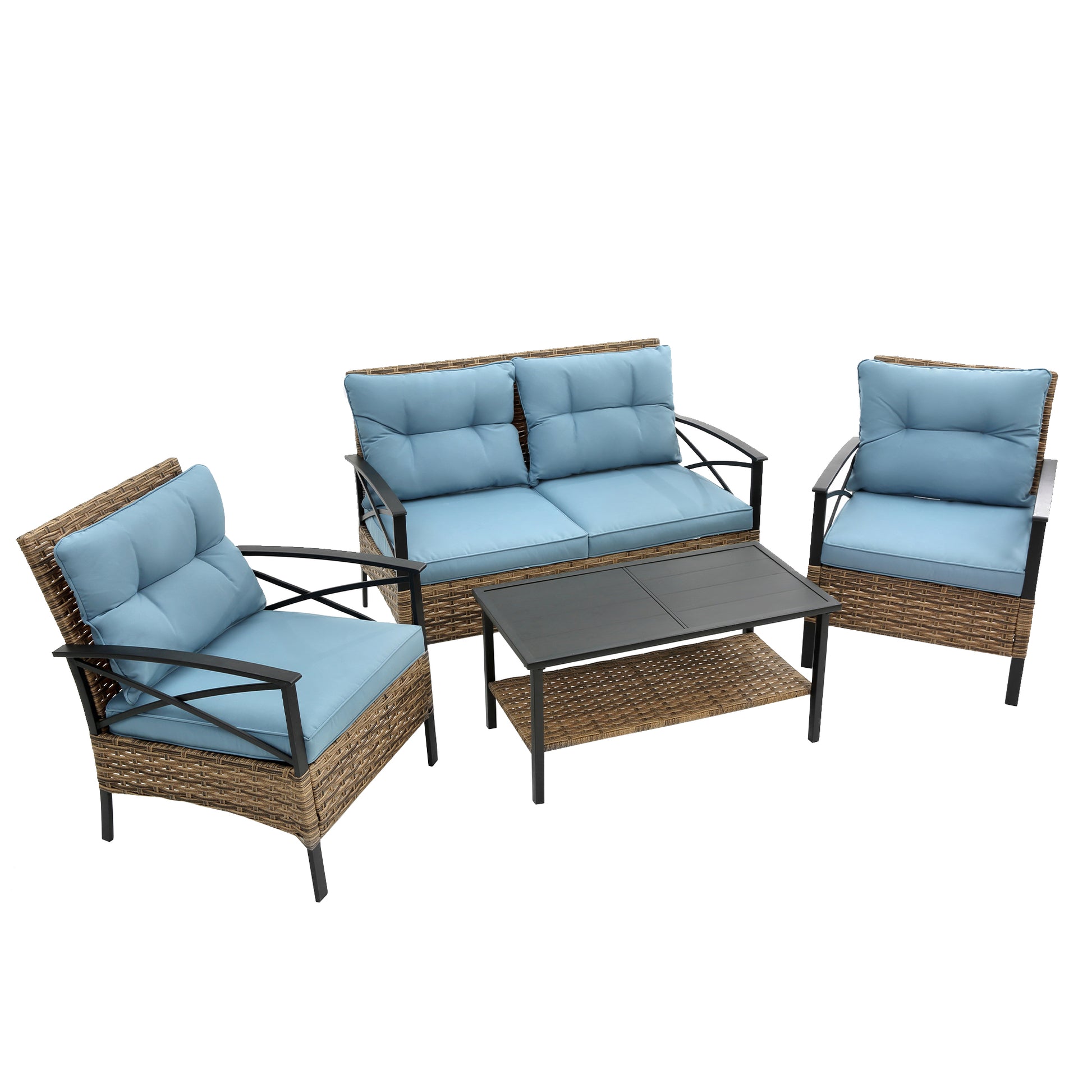 Wicker patio set with sky blue cushions and black metal frame includes love seat two chairs and coffee table