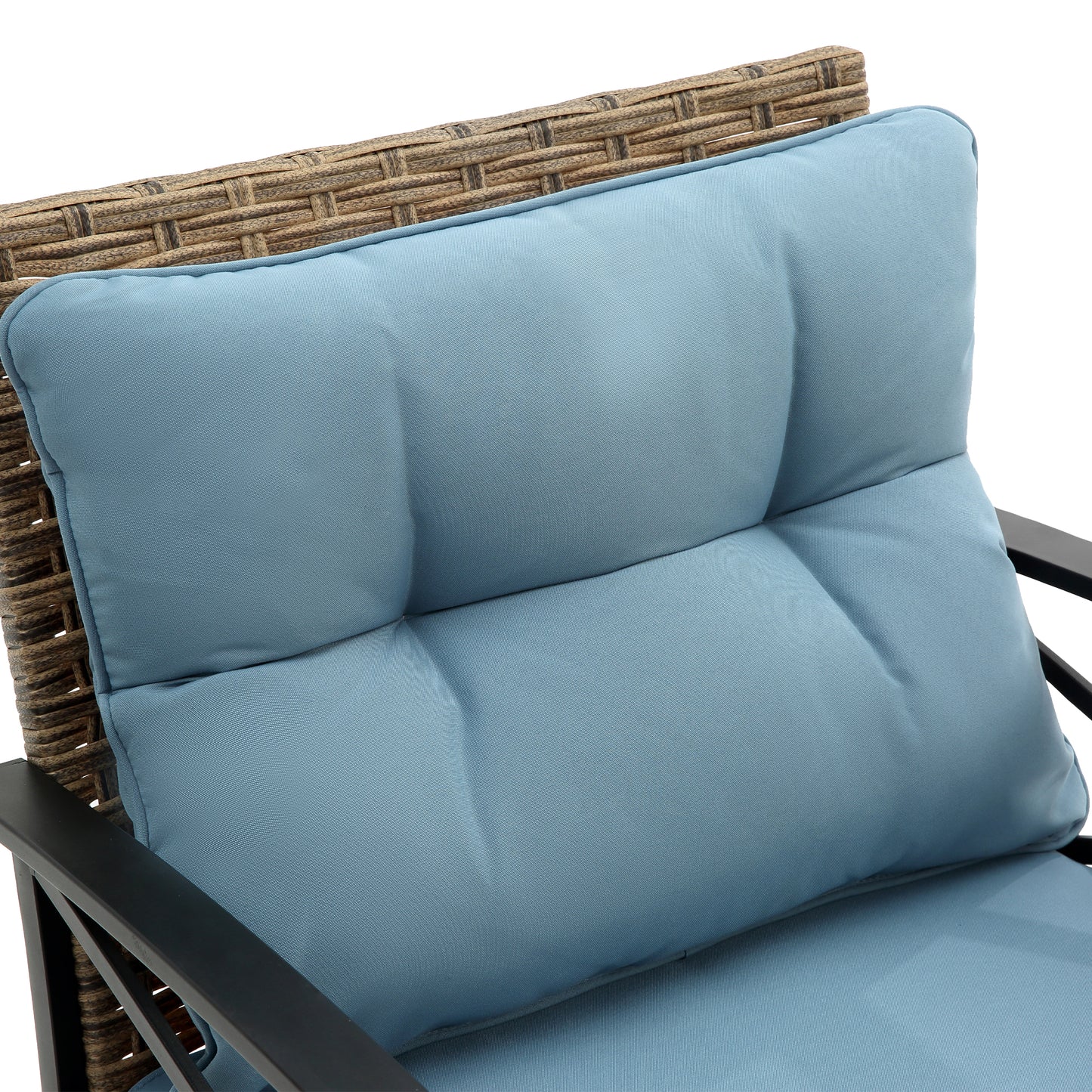 Light blue upholstered outdoor patio chair with woven backrest