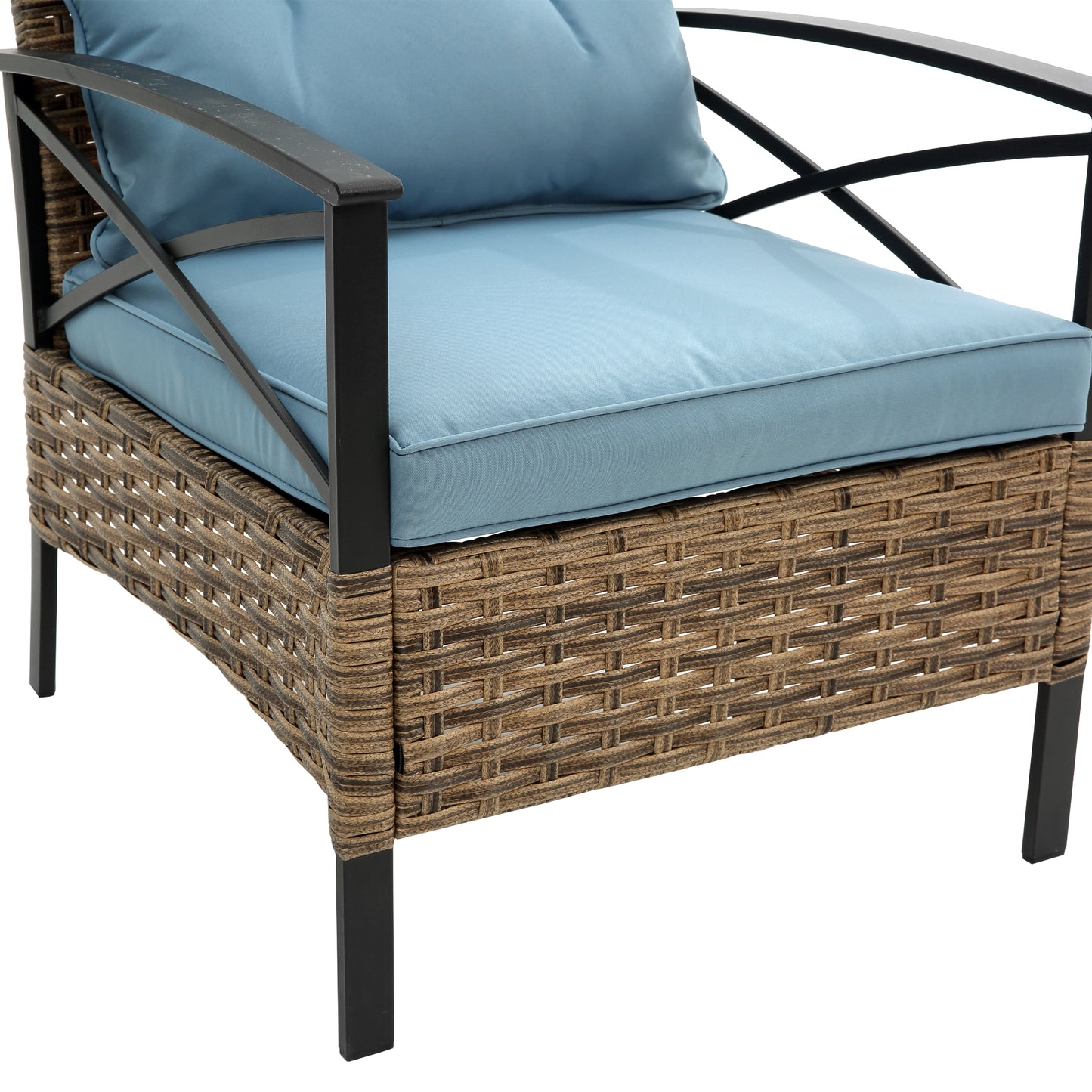 Brown wicker outdoor chair with comfortable blue cushions and black metal frame accents