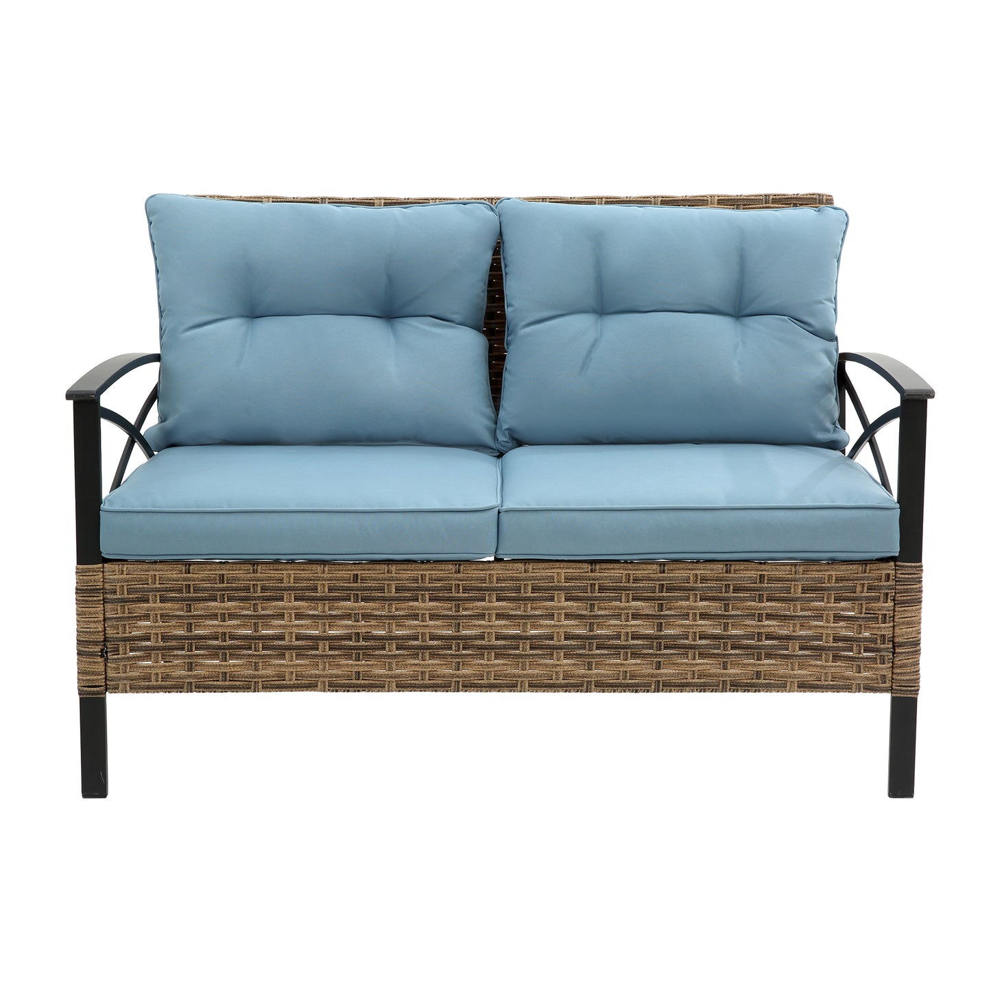 Wicker loveseat with light blue tufted cushions perfect for patio seating