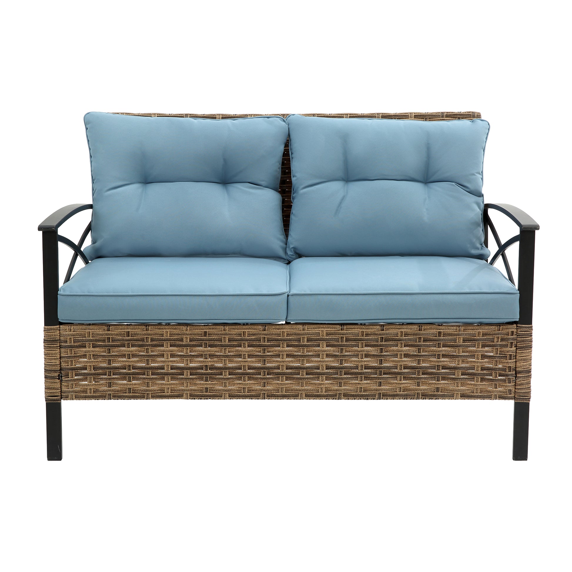 Wicker loveseat with light blue tufted cushions perfect for patio seating