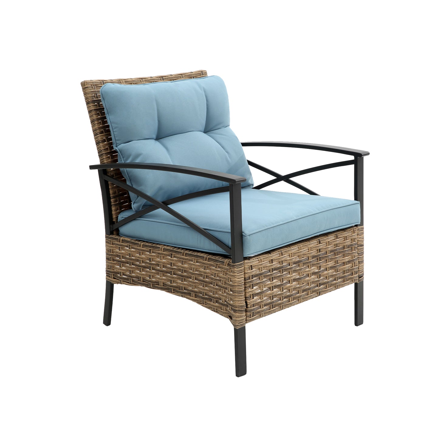 Brown rattan outdoor chair with light blue cushions featuring metal accents