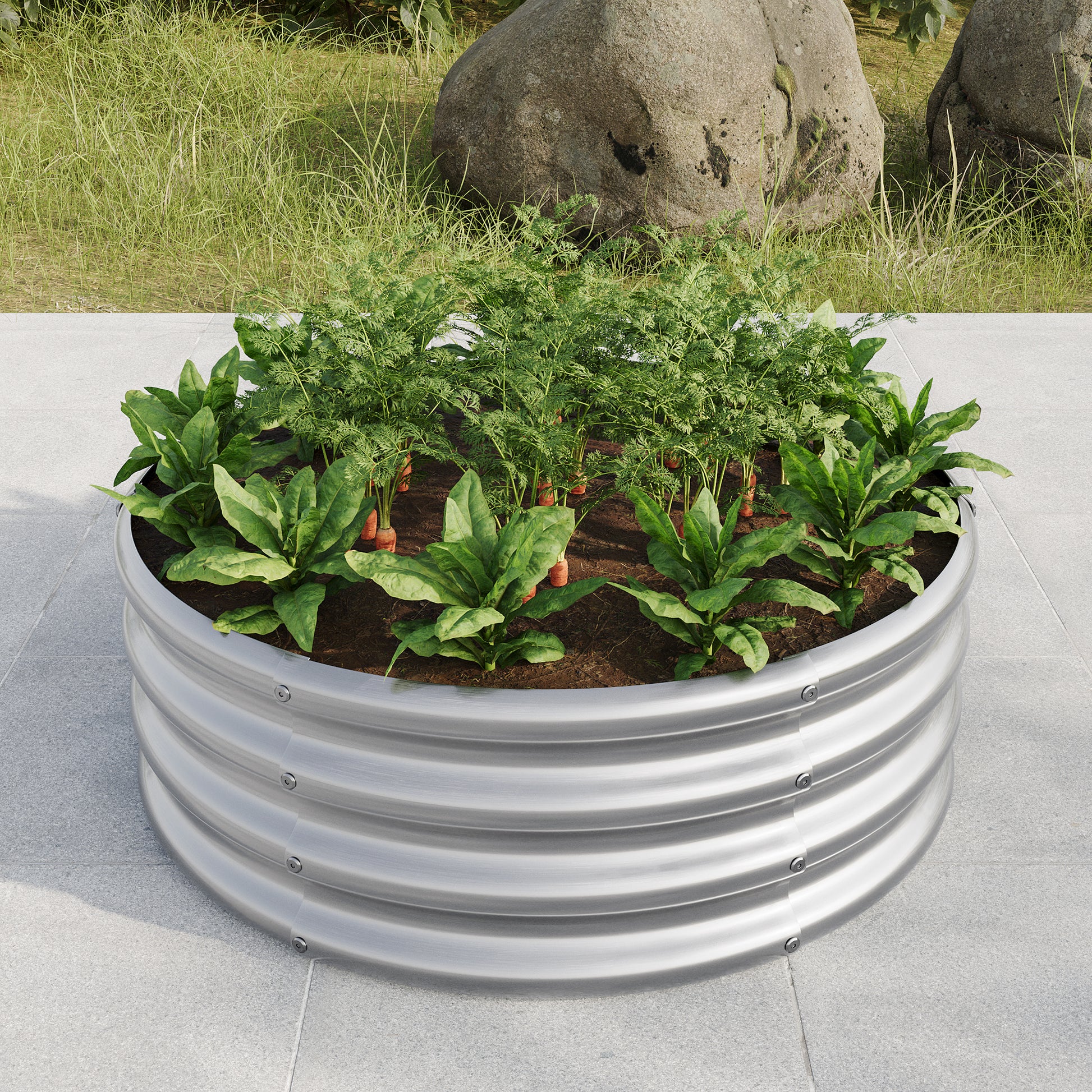 Round galvanized metal raised garden bed with growing vegetables