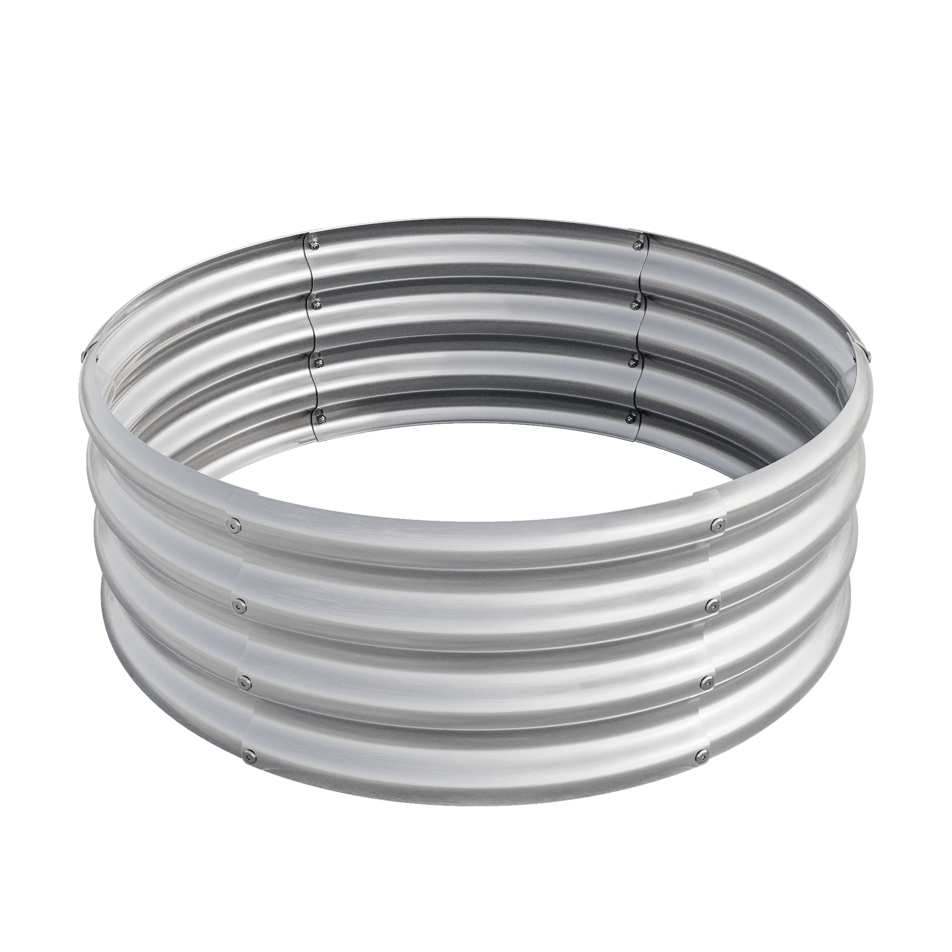 Corrugated metal raised garden bed silver circular design for versatile planting