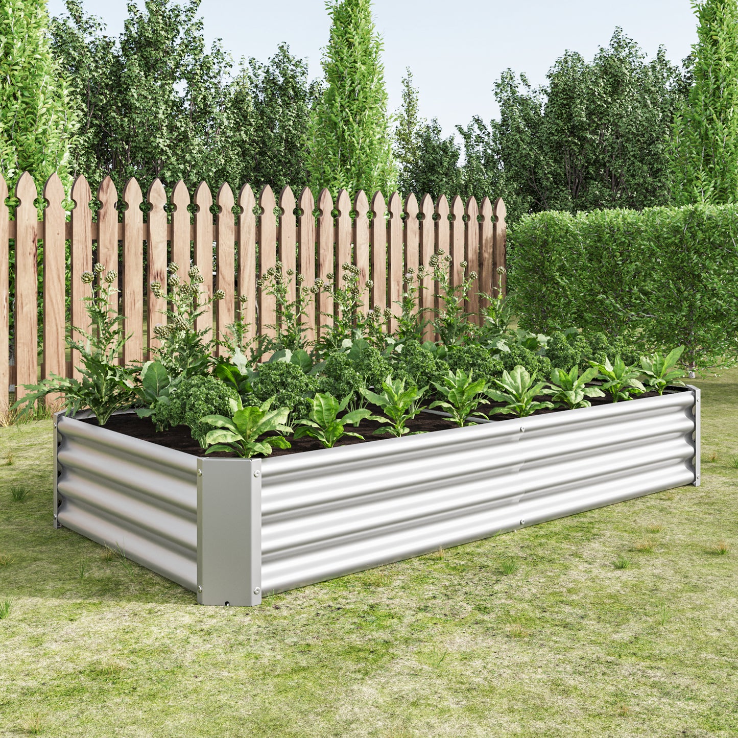 Corrugated metal raised garden bed filled with green vegetables and plants