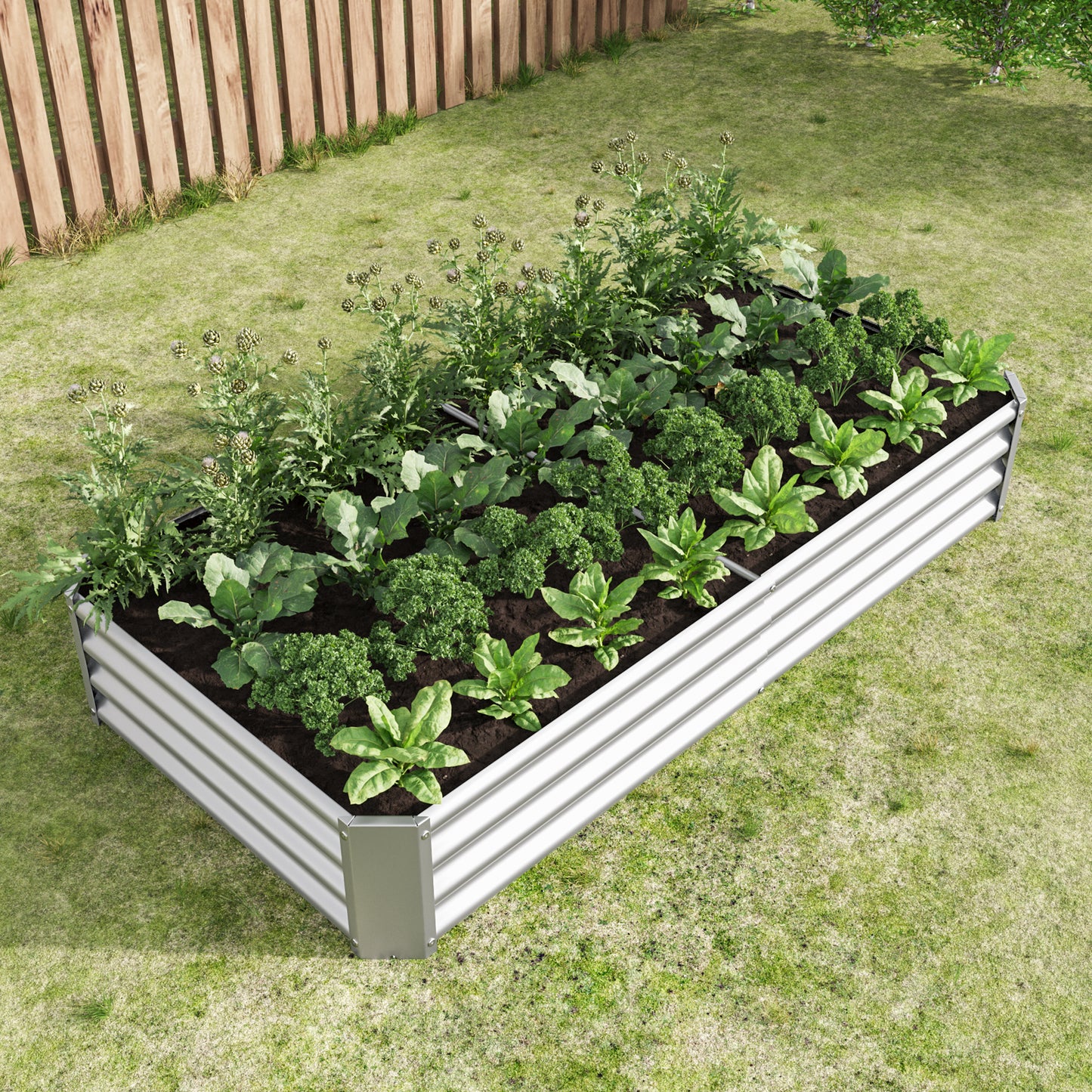 Raised garden bed with assorted vegetables and artichoke plants