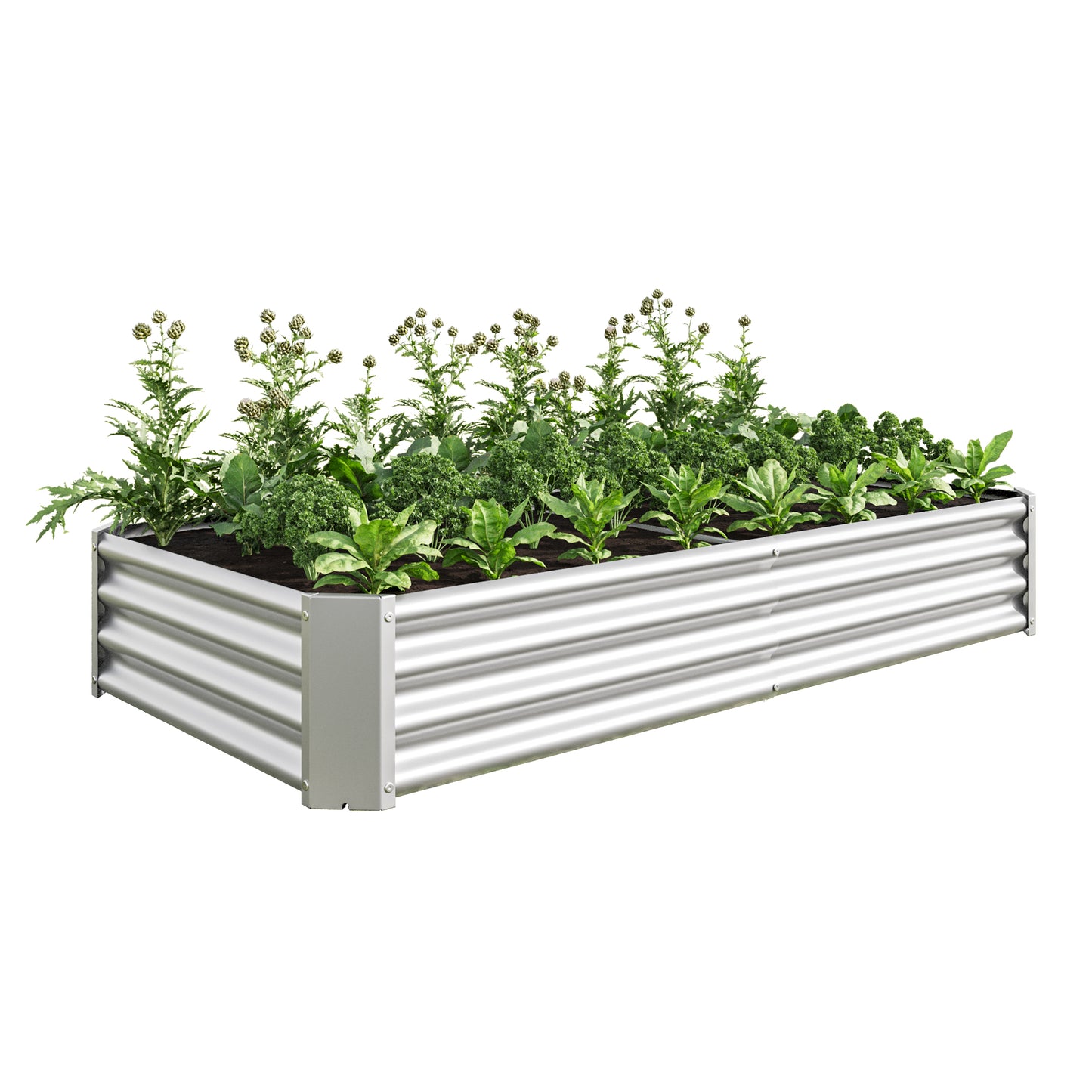 Silver corrugated metal raised garden bed filled with various leafy greens and budding plants