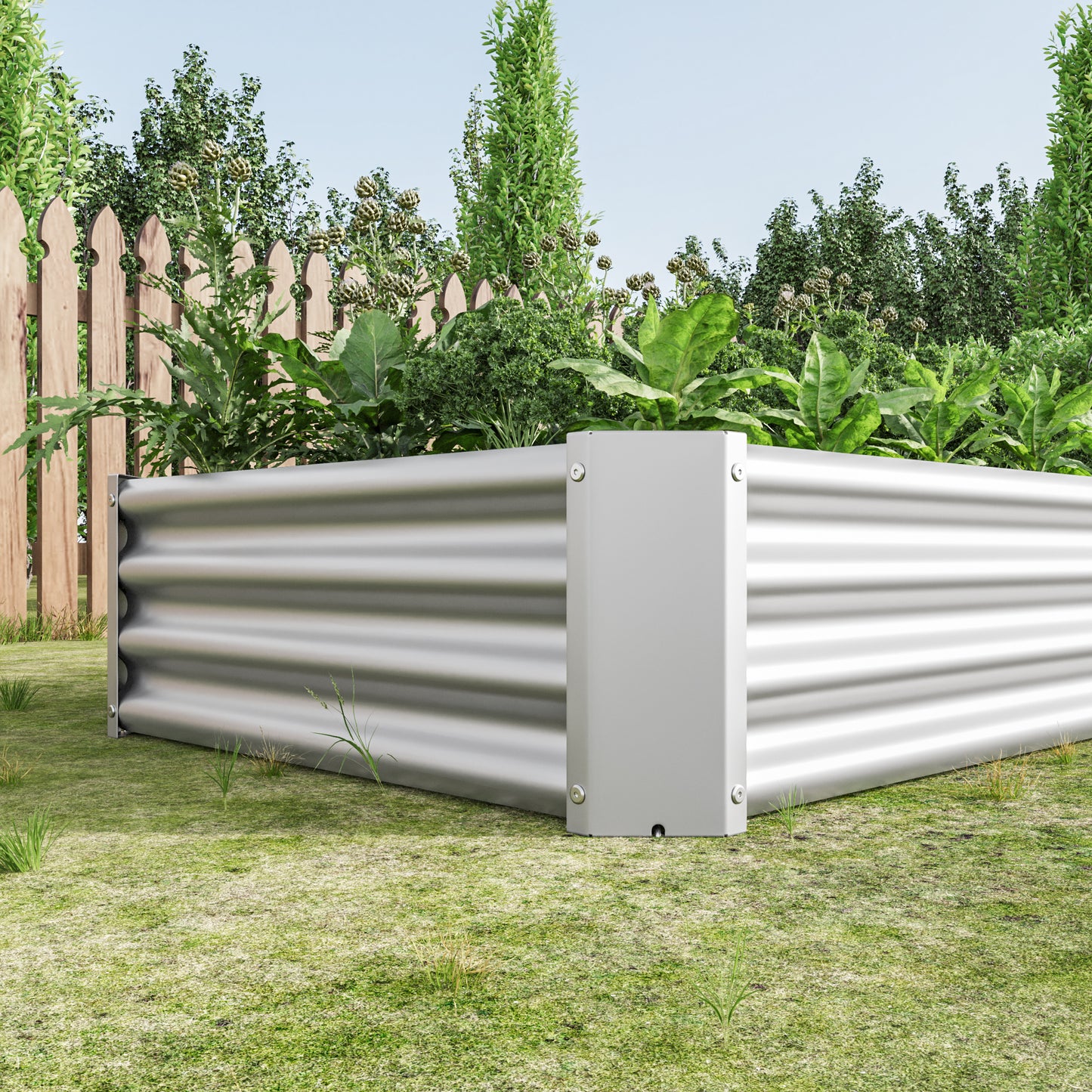 Galvanized steel raised garden bed with corrugated sides and corner supports