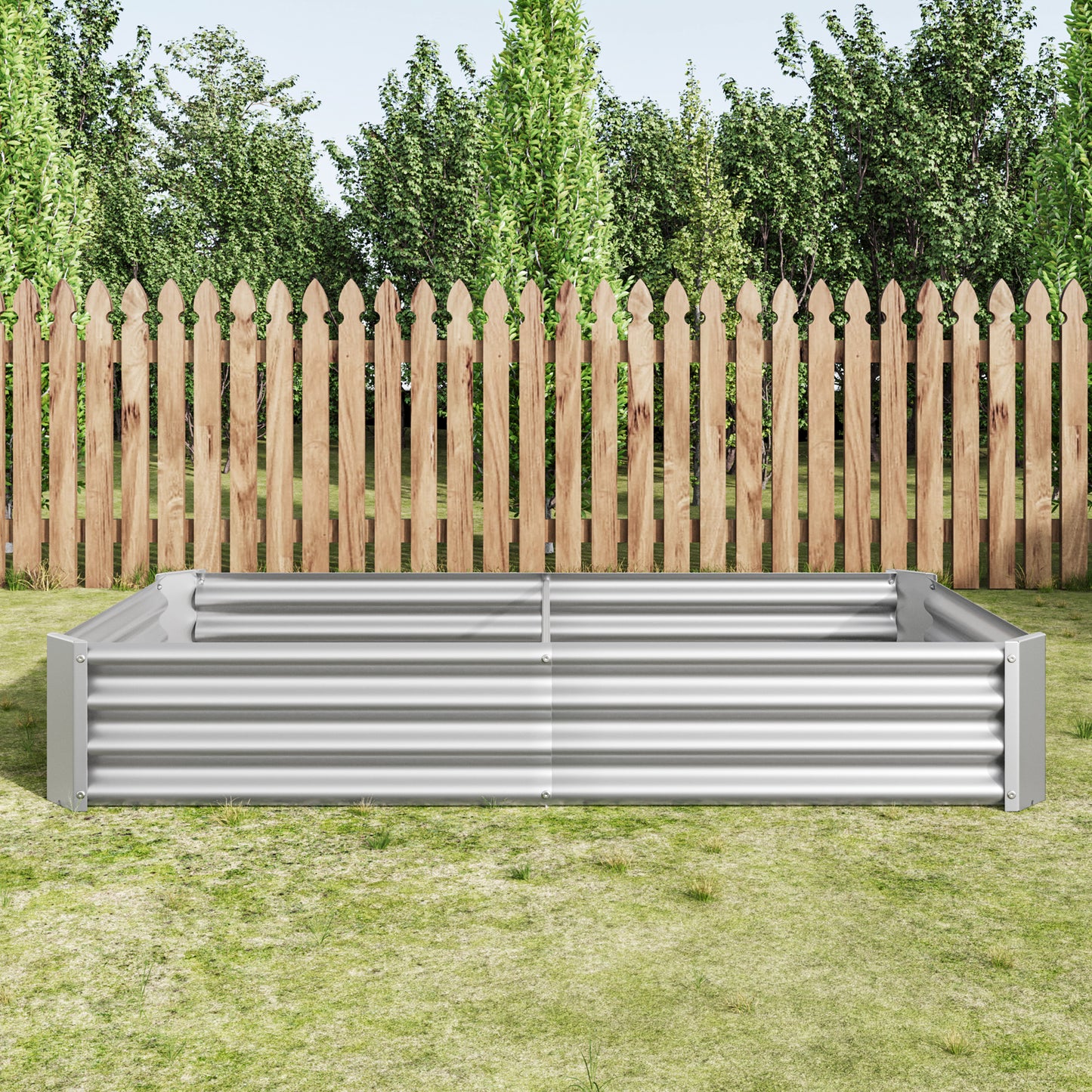 Galvanized steel raised garden bed with corrugated sides set in a lush green backyard