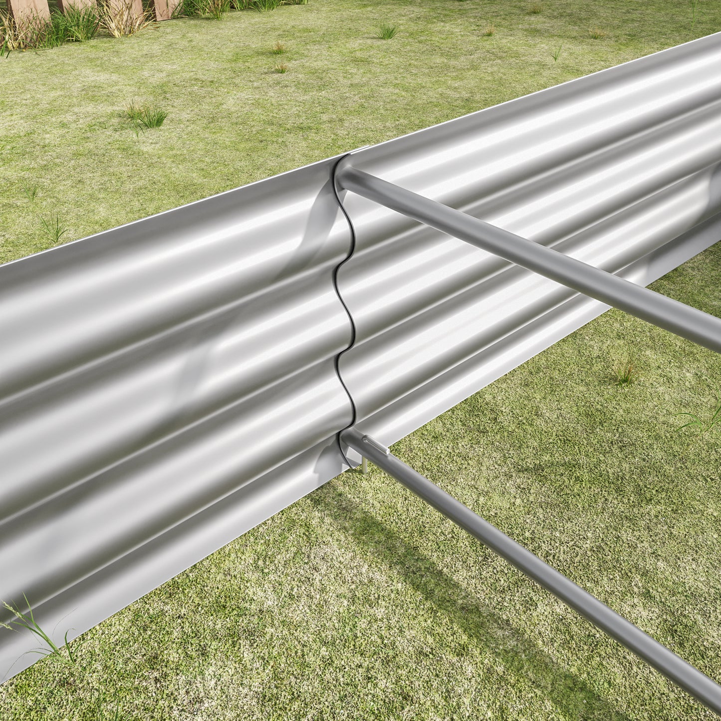Galvanized steel raised garden bed with corrugated texture and support bars