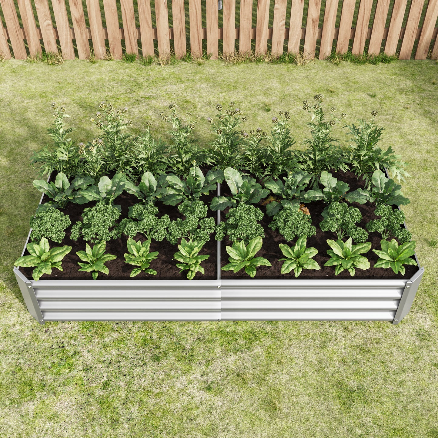 Silver metal raised garden bed overflowing with kale broccoli and spinach